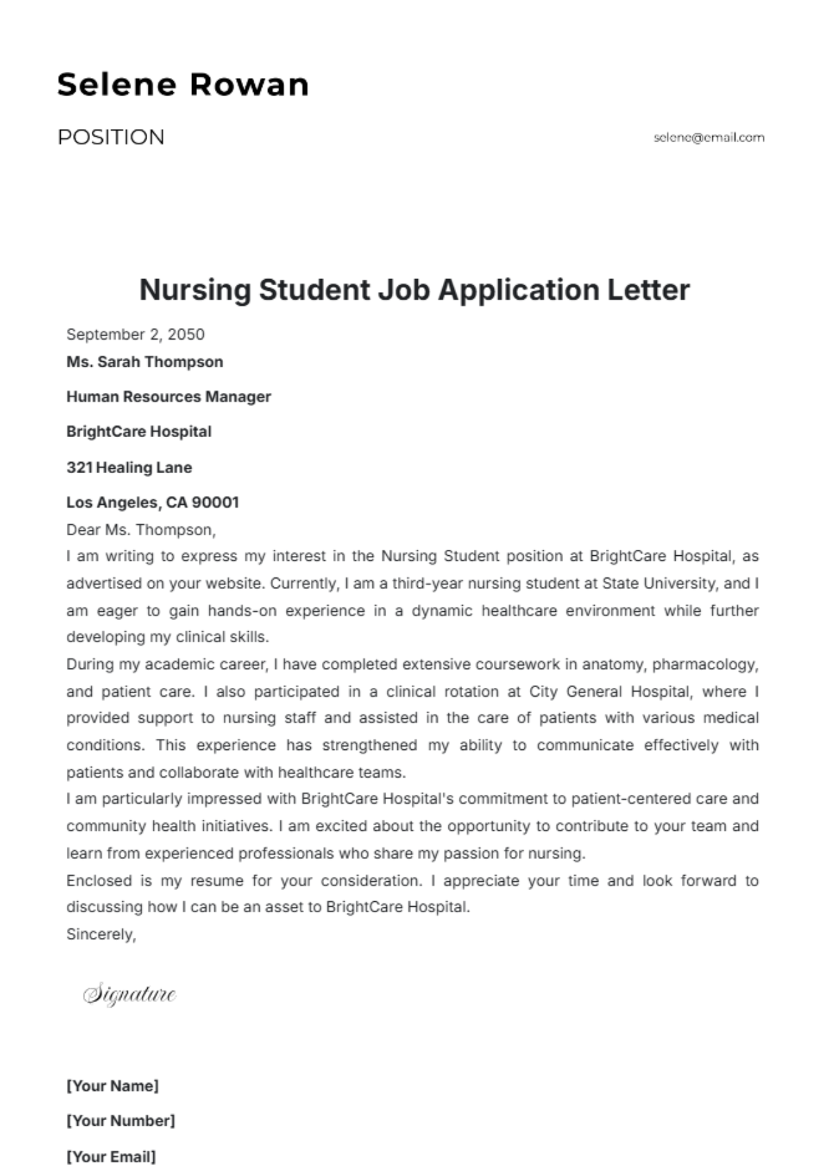 Nursing Student Job Application Letter Template - Edit Online & Download