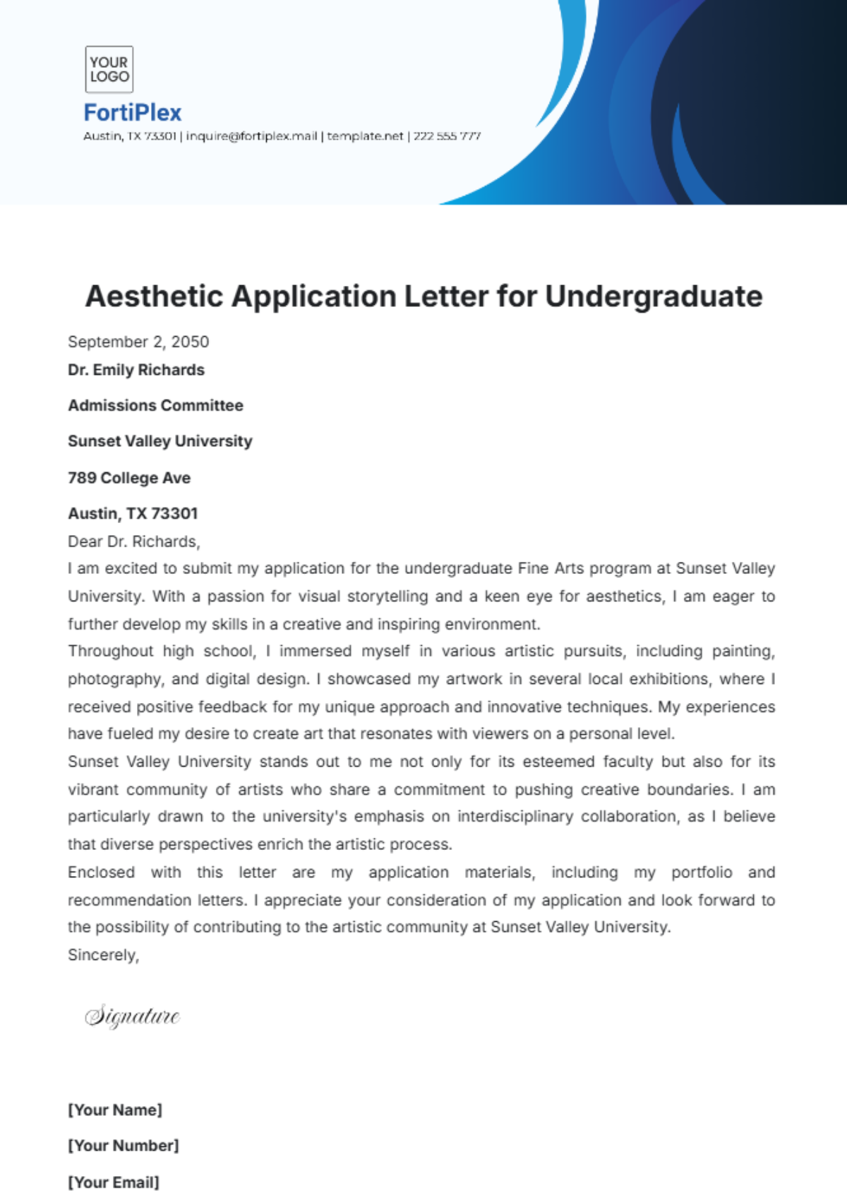 Aesthetic Application Letter for Undergraduate Template - Edit Online & Download