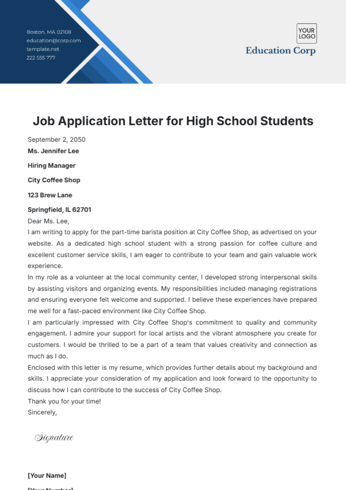 Job Application Letter for High School Students Template - Edit Online & Download