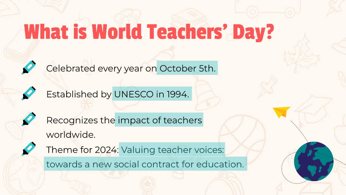 Free World Teachers Day Presentation Template to Edit Online