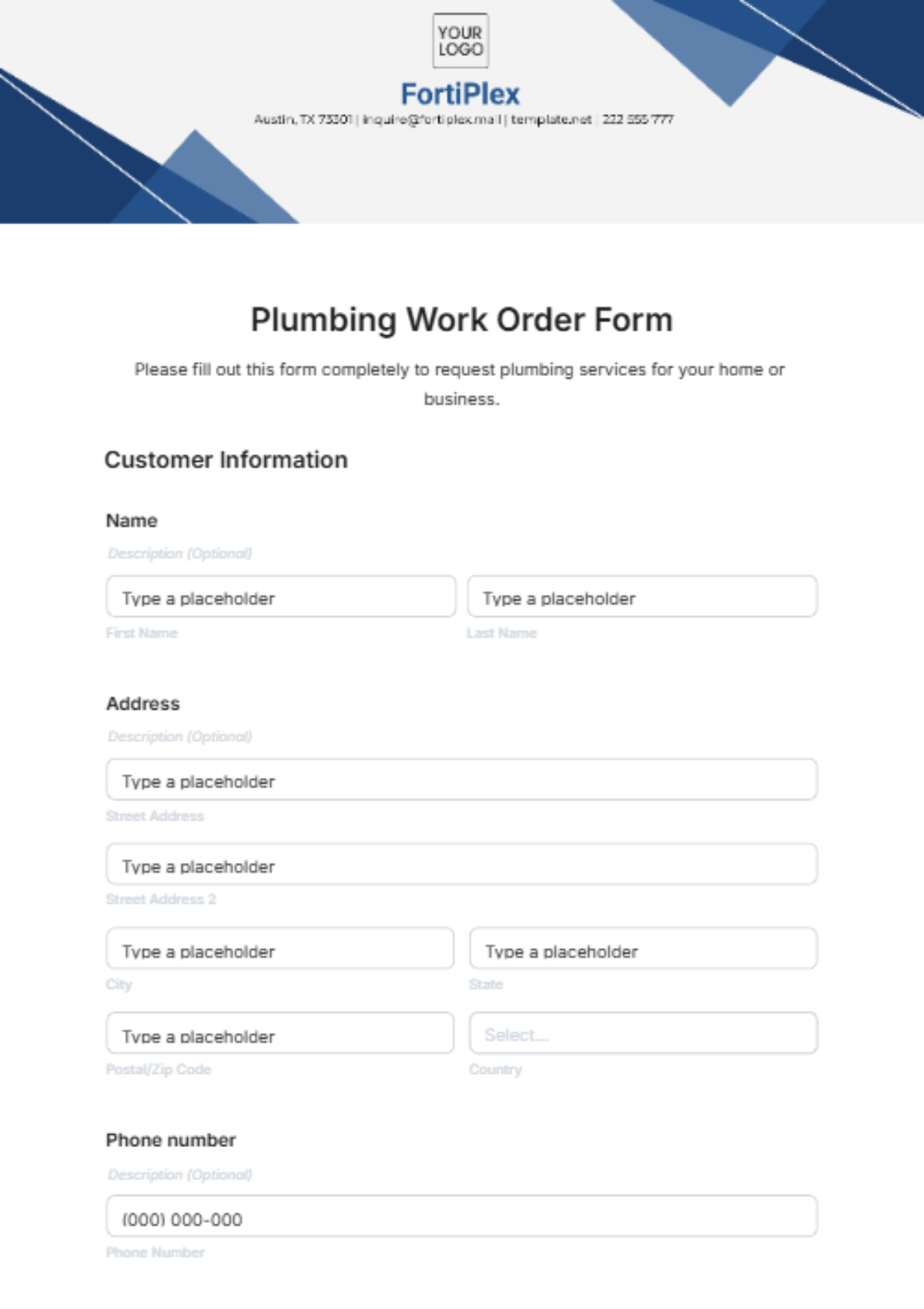 Free Plumbing Work Order Form Template