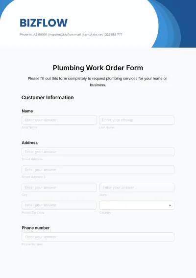 Free Plumbing Work Order Form Template to Edit Online