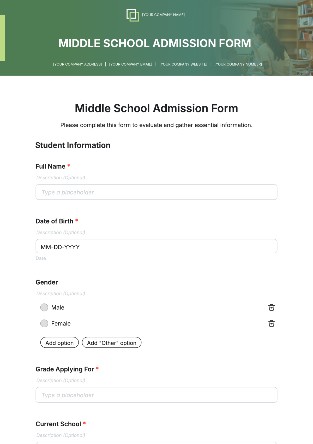 Middle School Admission Form Template - Edit Online & Download