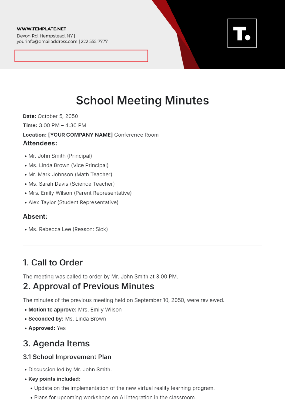 School Meeting Minute Template