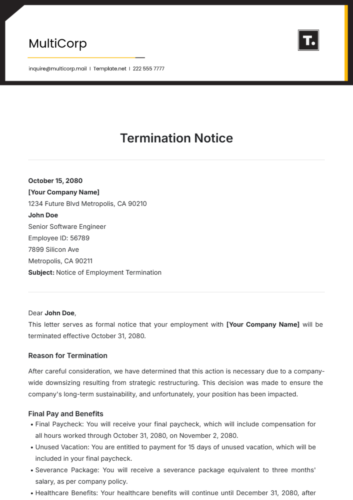 Termination Notice Template - Edit Online & Download