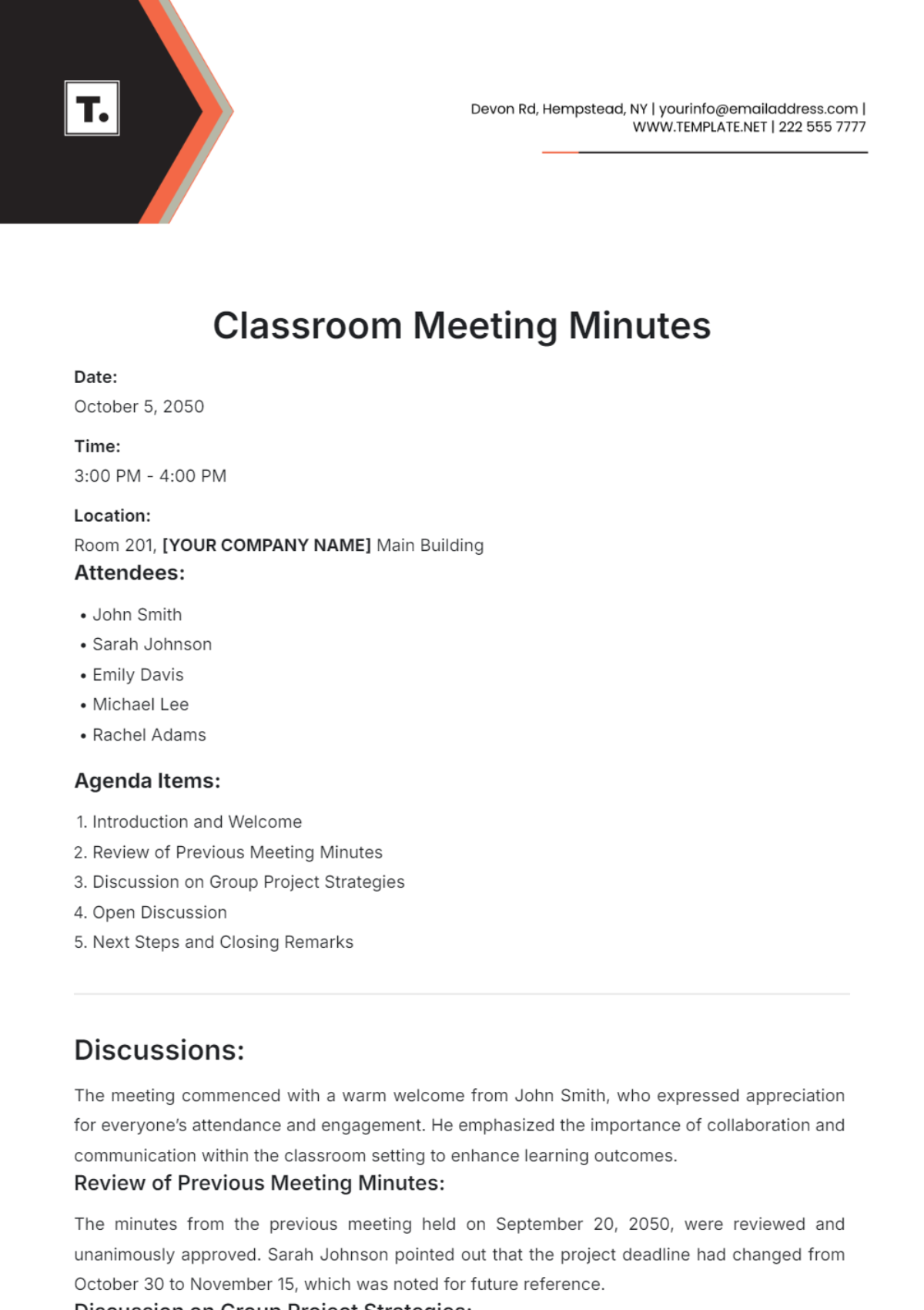 Sample Classroom Meeting Minutes Template