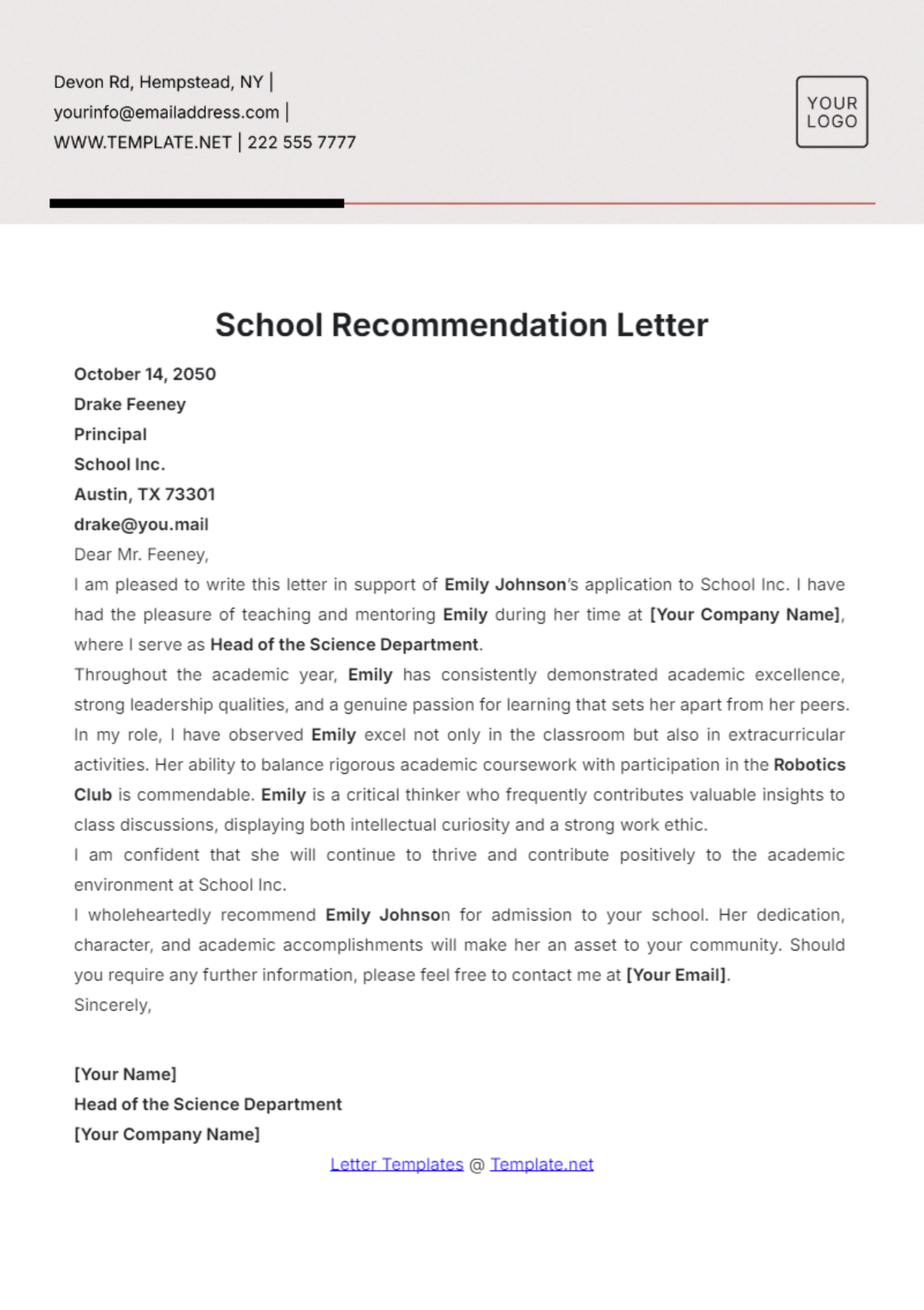 School Recommendation Letter Template - Edit Online & Download