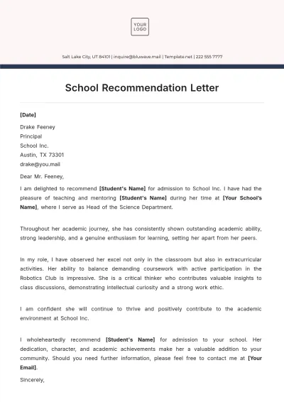 Free School Recommendation Letter Template to Edit Online