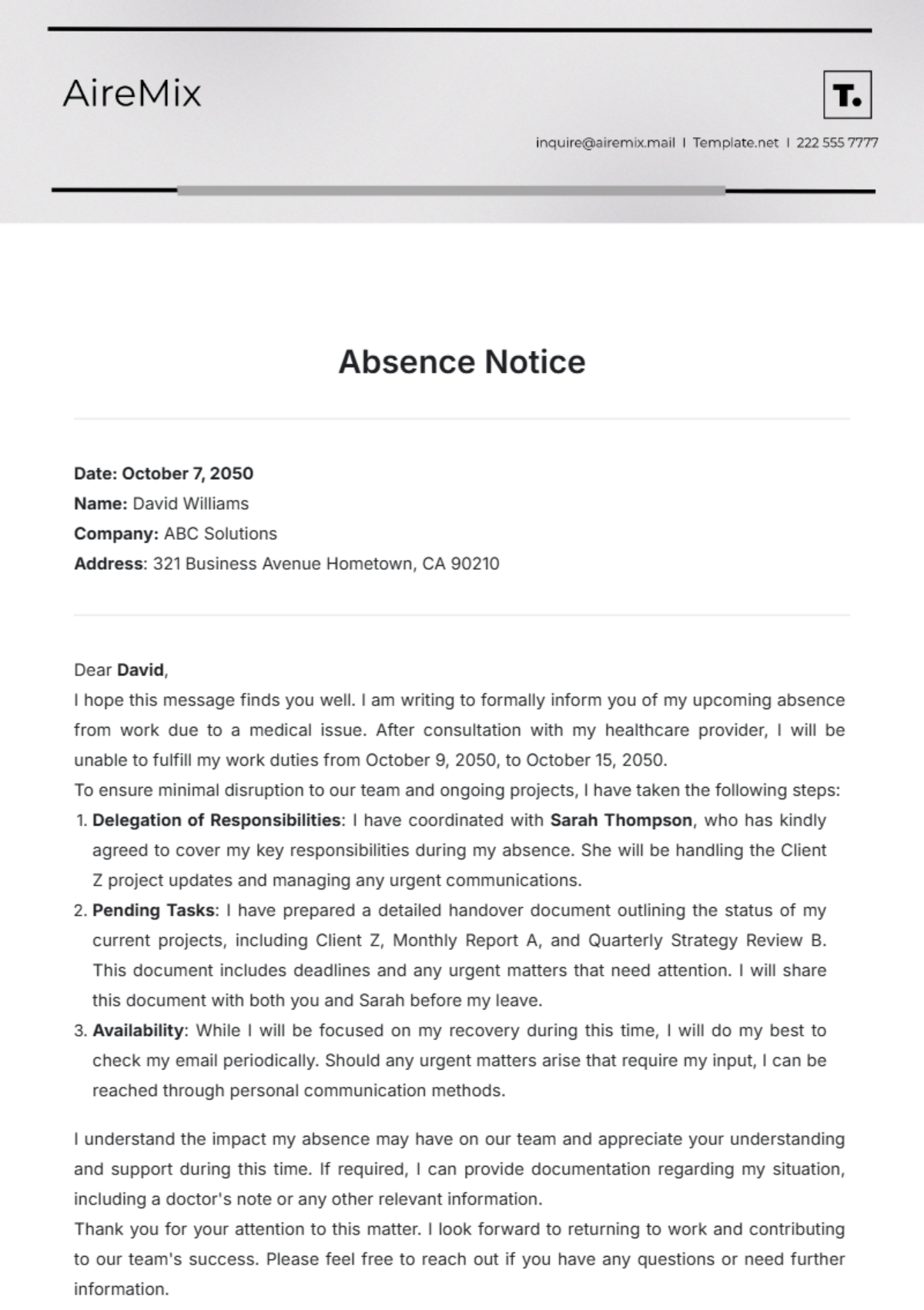 Absence Notice Template - Edit Online & Download