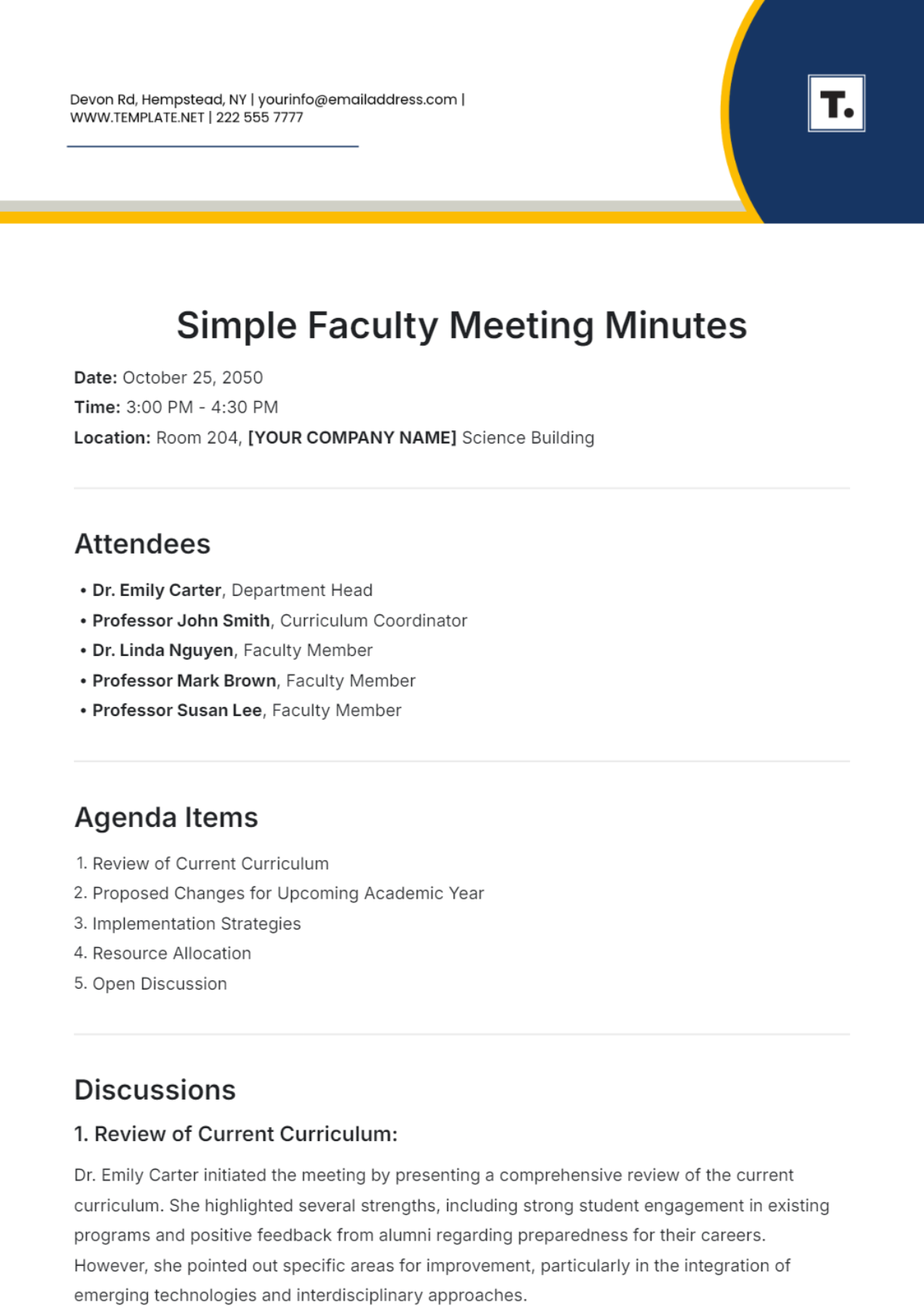 Simple Faculty Meeting Minutes Template