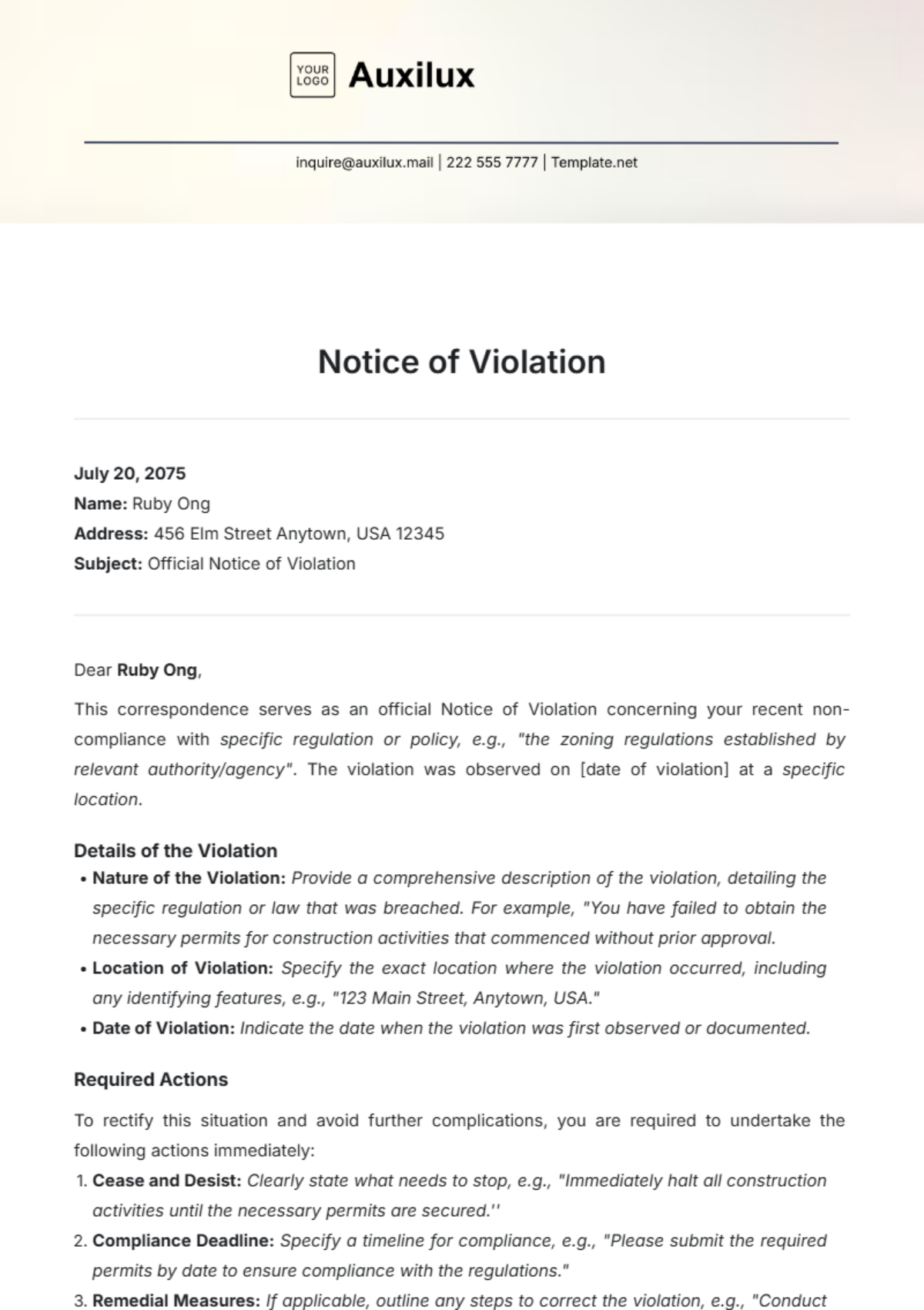 Blank Notice of Violation Template - Edit Online & Download