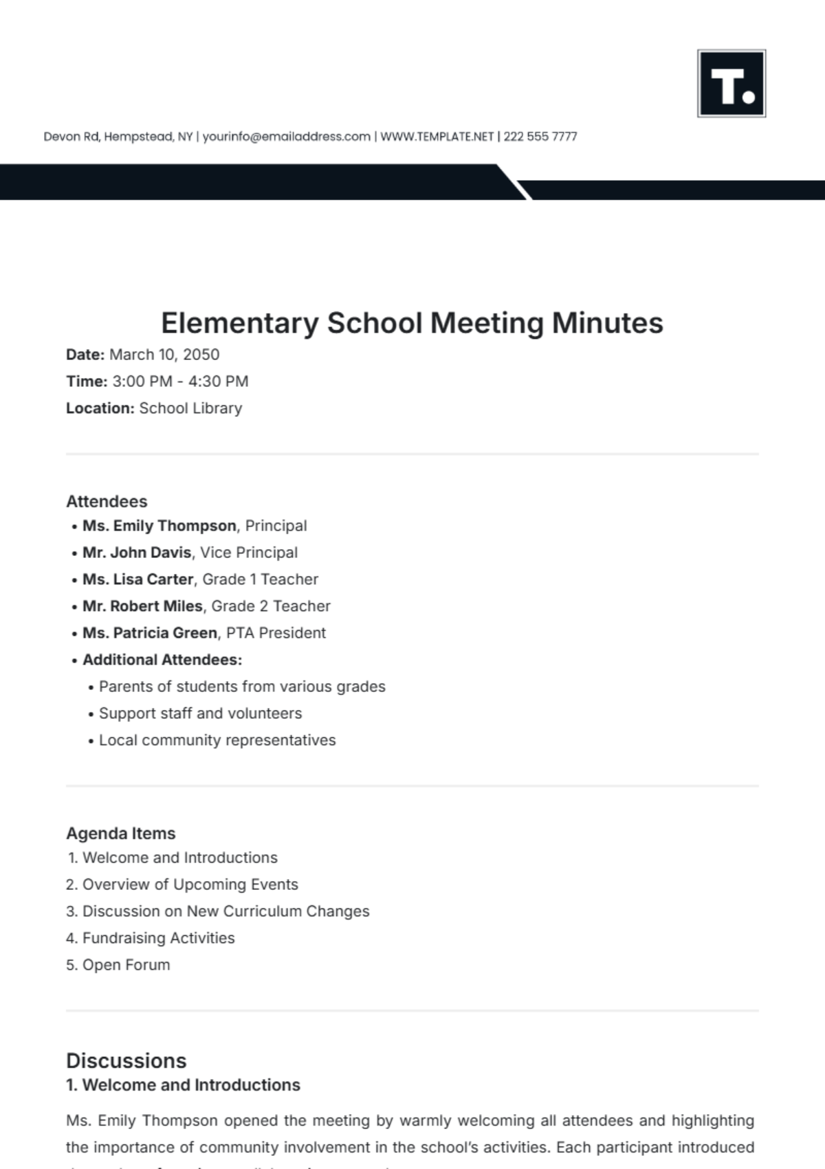 Elementary School Meeting Minutes Template - Edit Online & Download