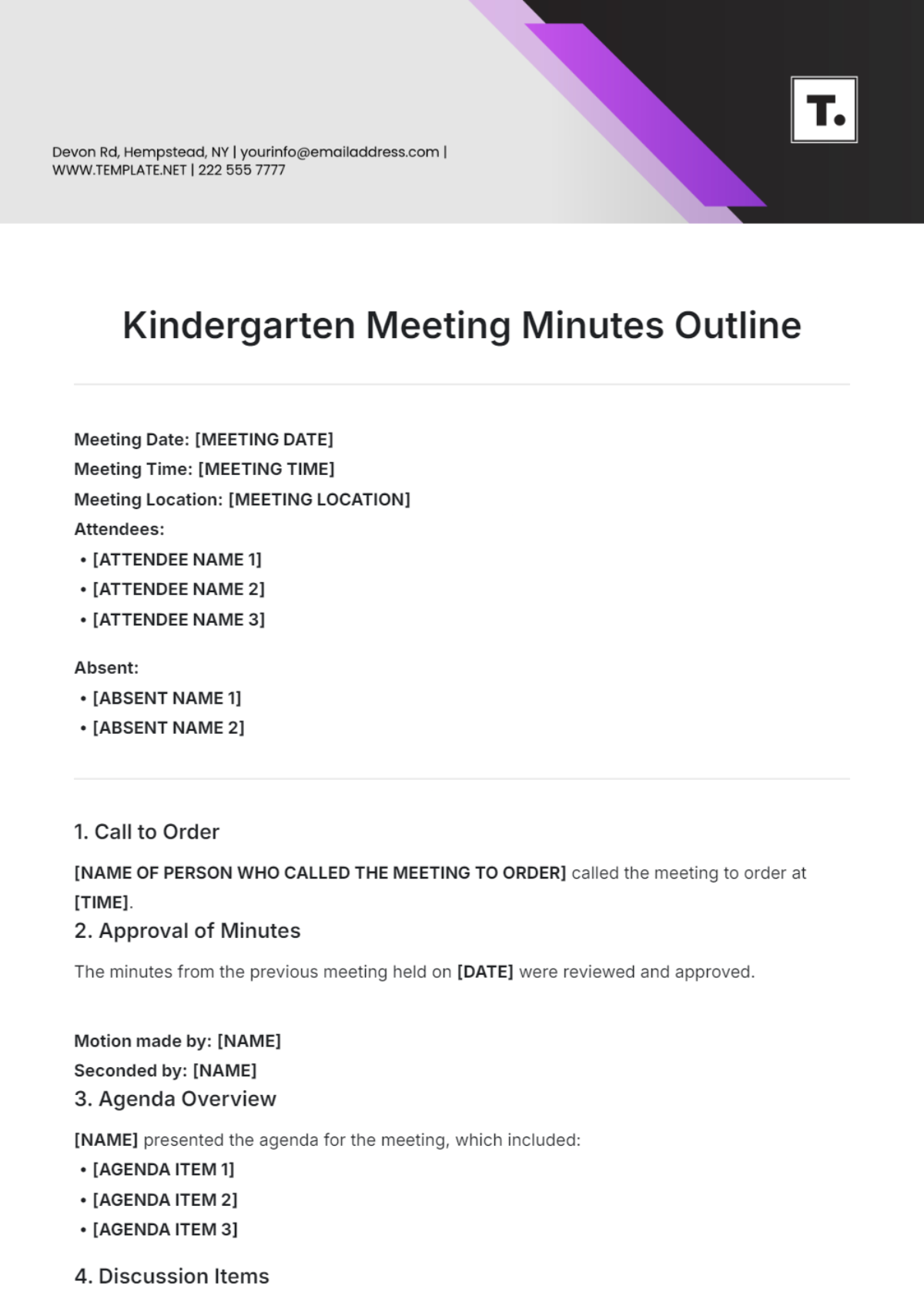 Kindergarten Meeting Minutes Outline Template