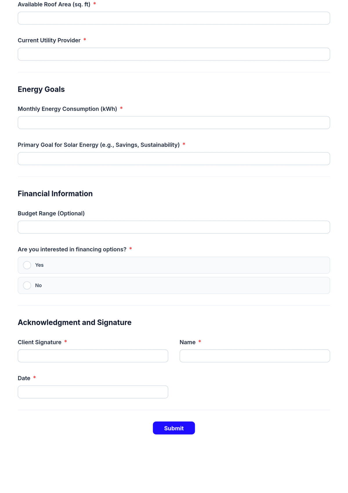 Free Solar Energy Application Form Template & AI Maker Free Solar Energy Application Form Template & AI Maker
