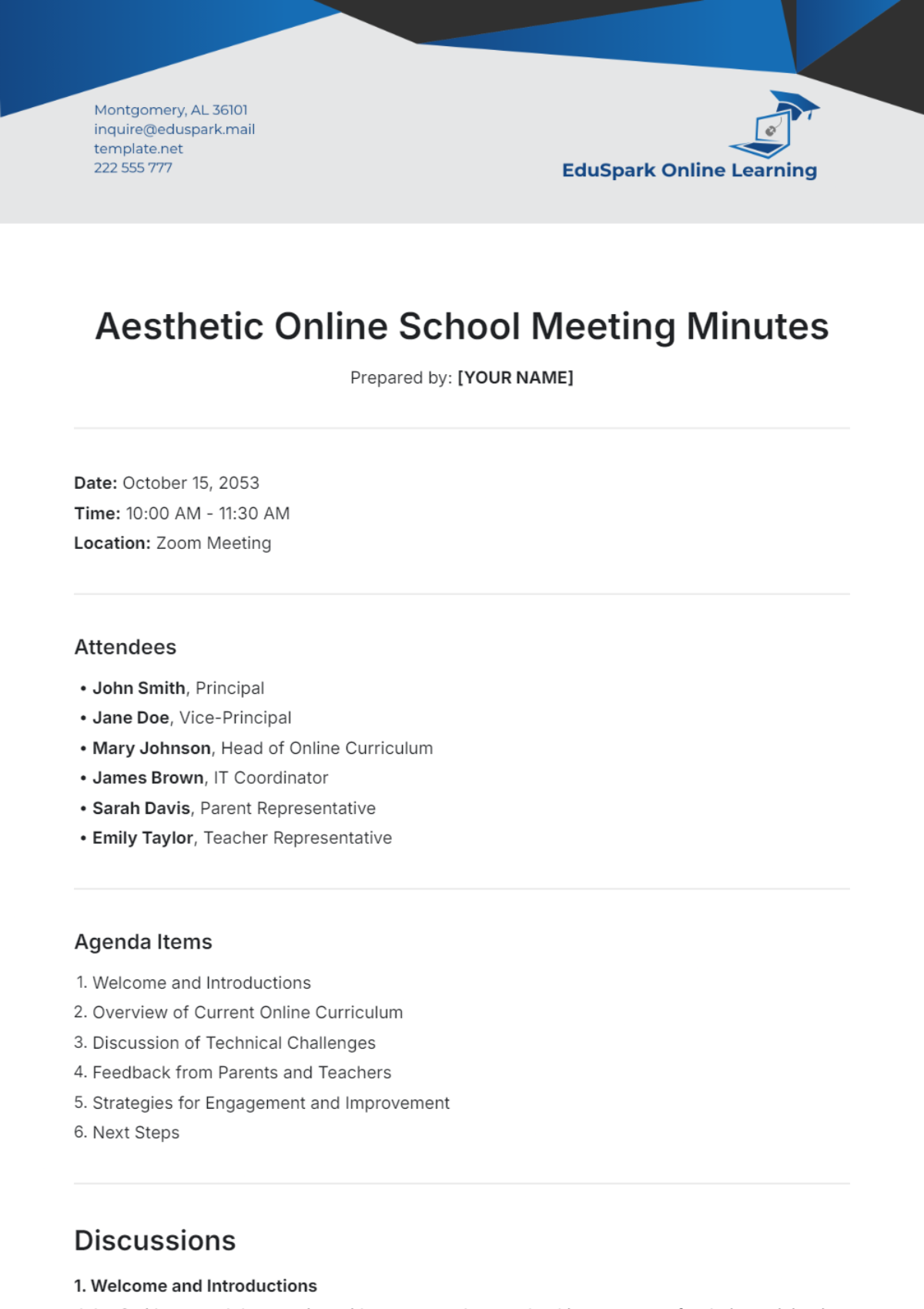 Aesthetic Online School Meeting Minutes Template