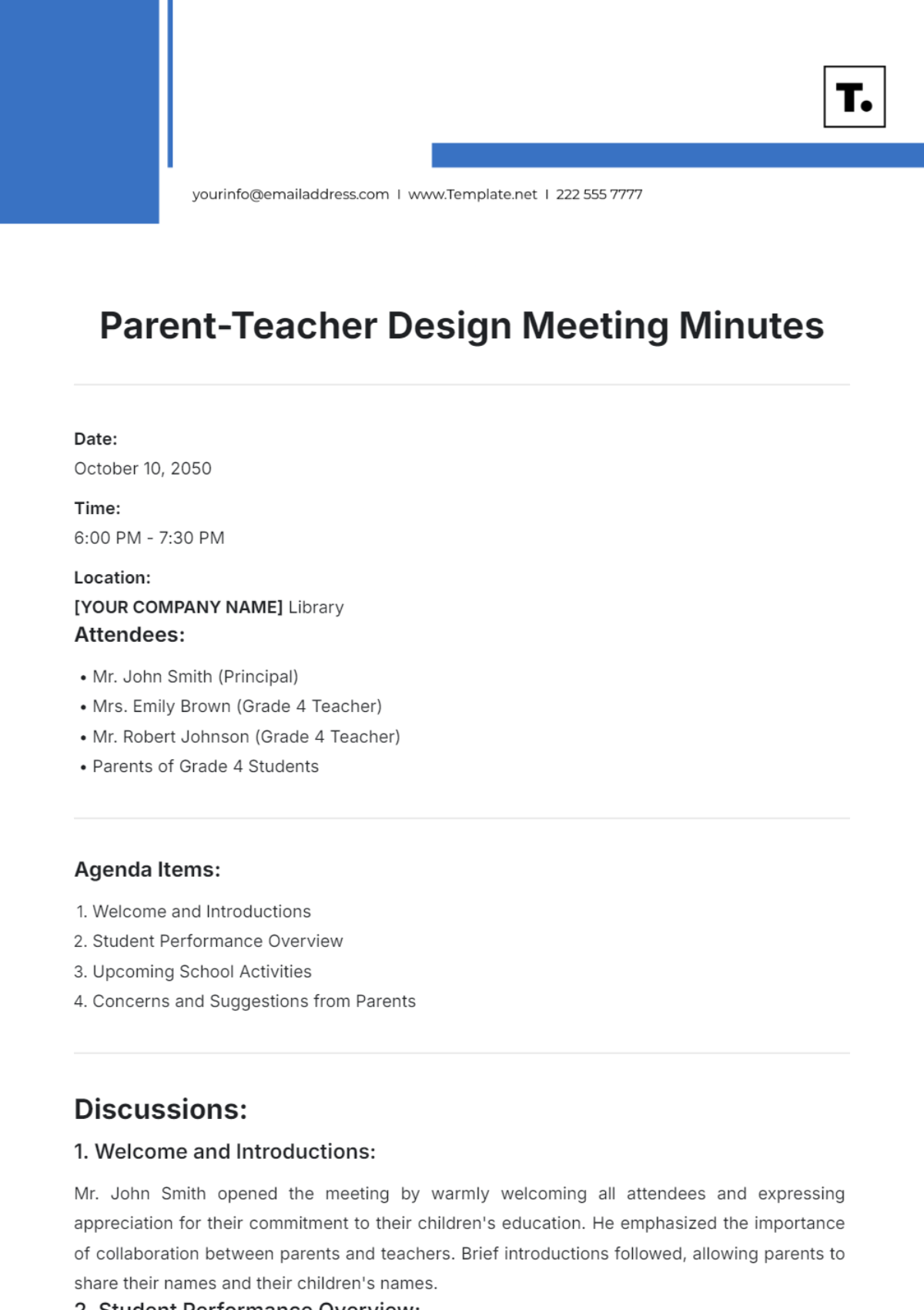 Parent-Teacher Design Meeting Minutes Template