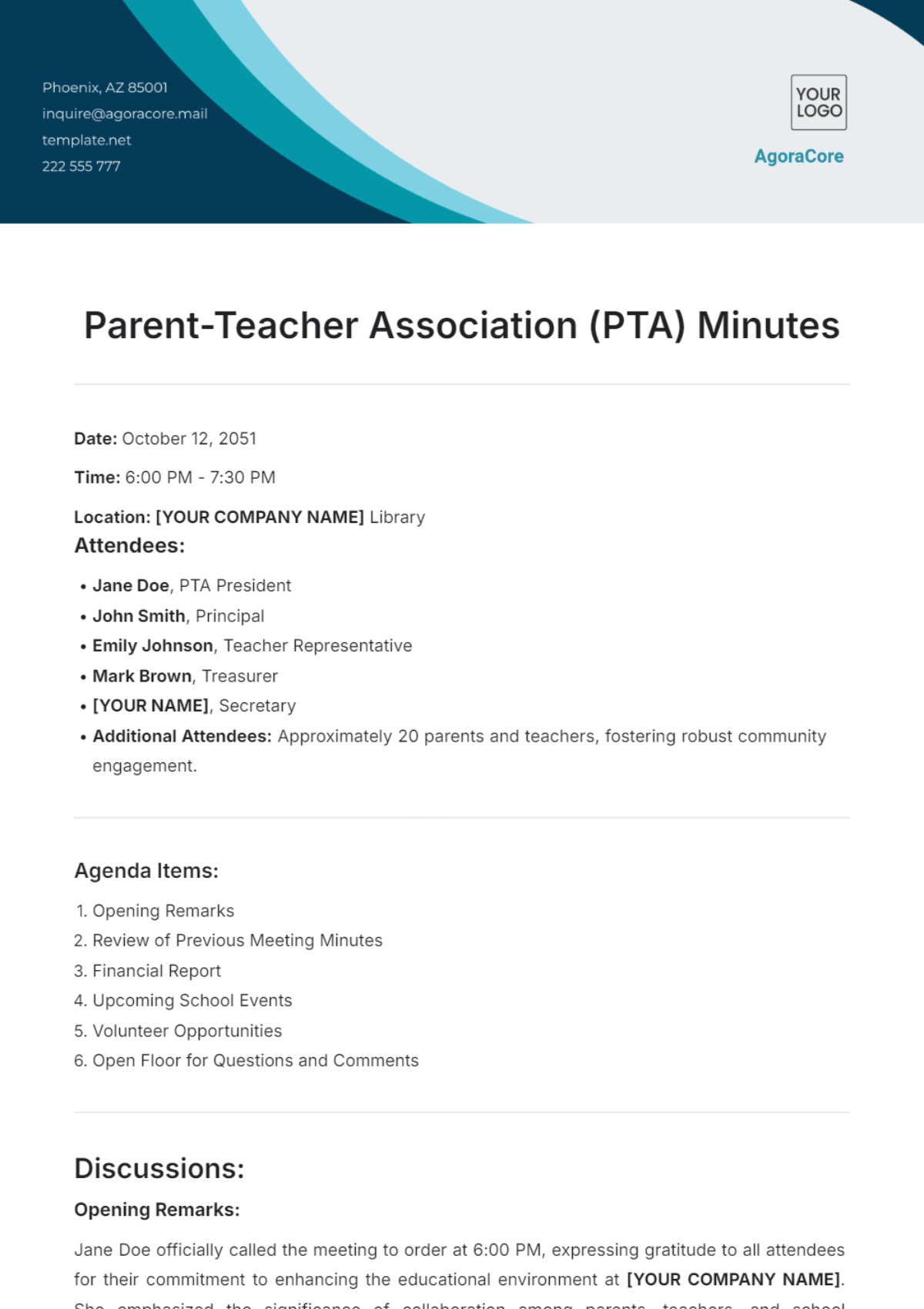 Parent-Teacher Association (PTA) Minutes Template