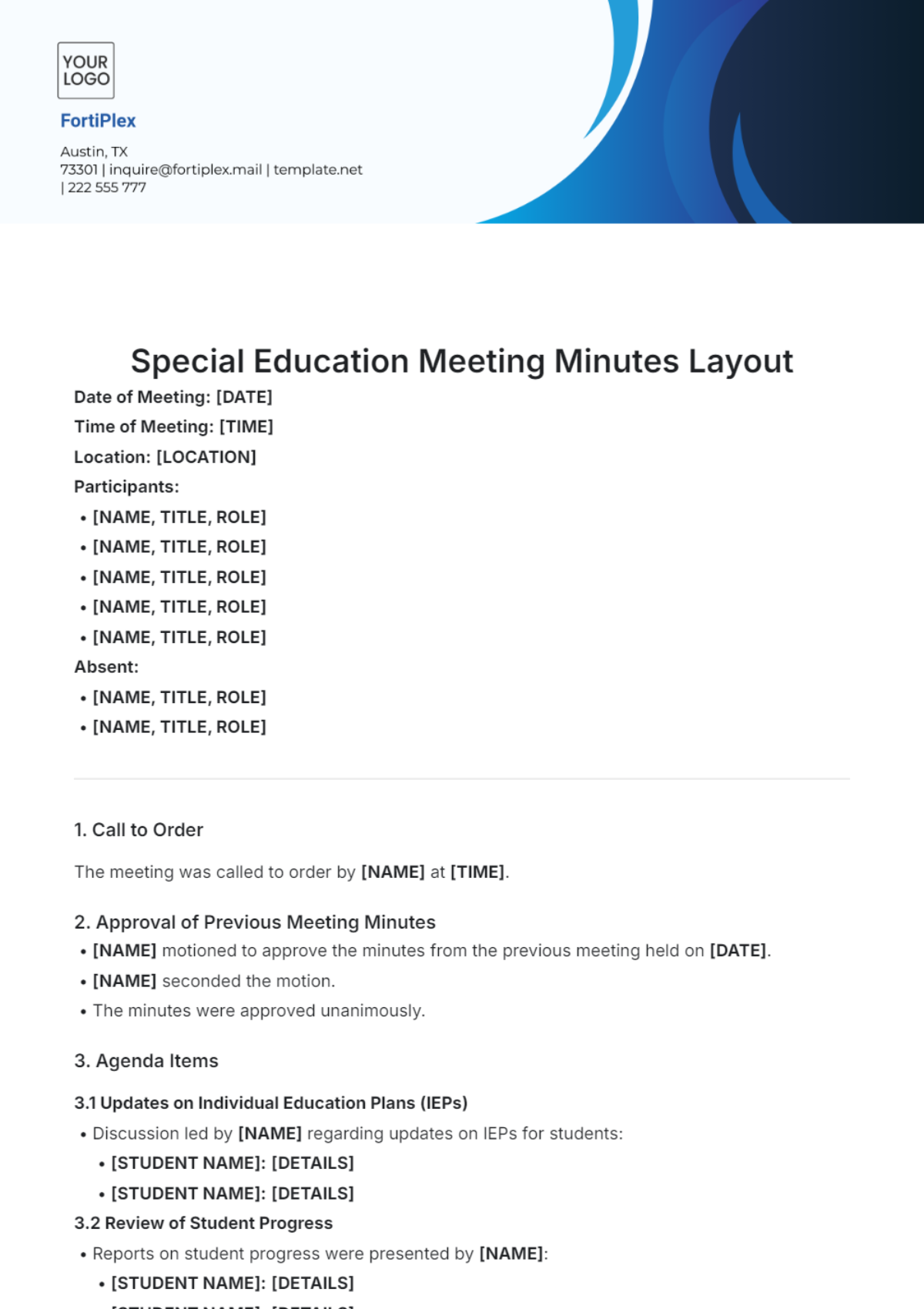 Special Education Meeting Minutes Layout Template