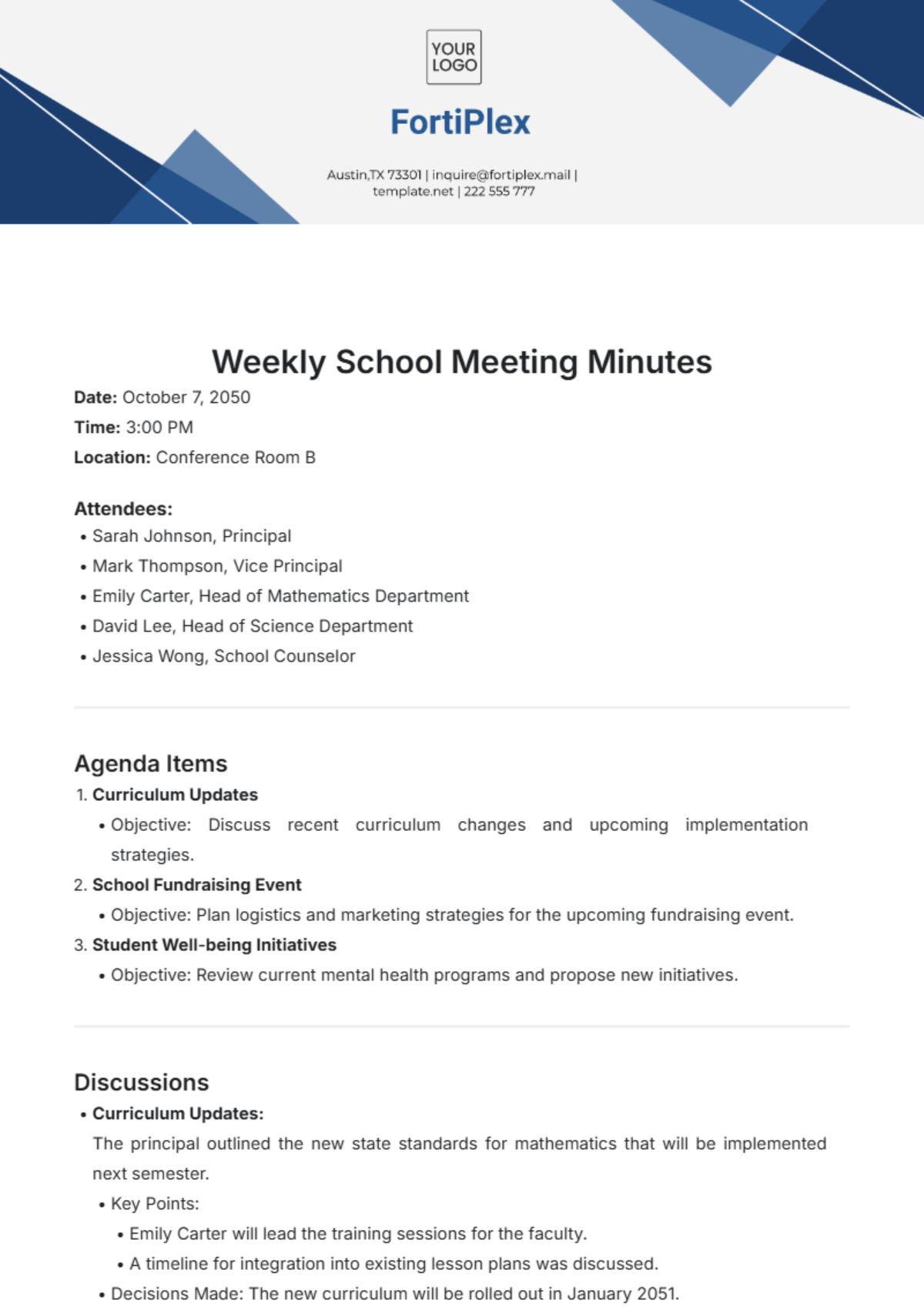 Weekly School Meeting Minutes Template - Edit Online & Download