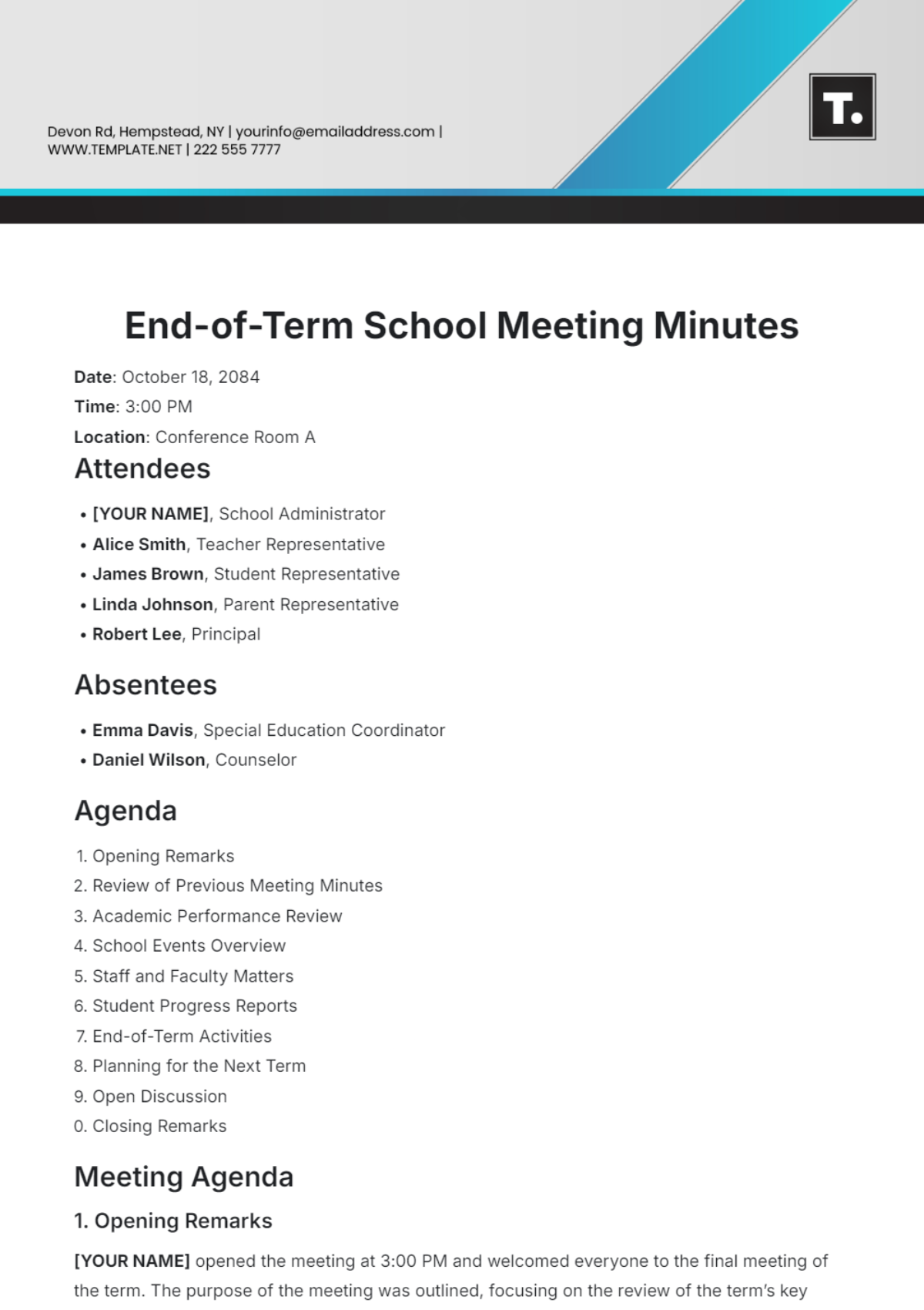 End-Of-Term School Meeting Minutes Template