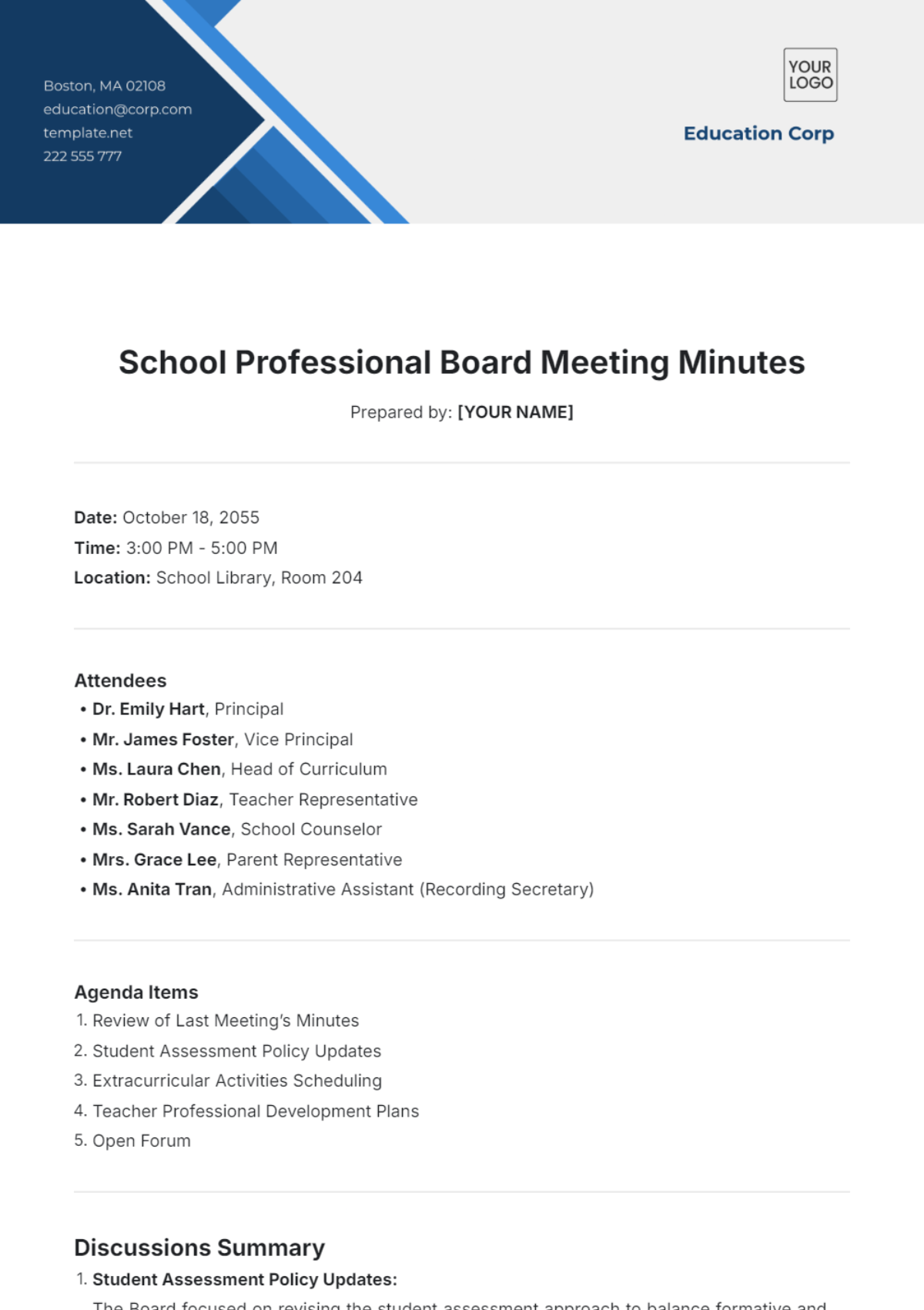 School Professional Board Meeting Minutes Template