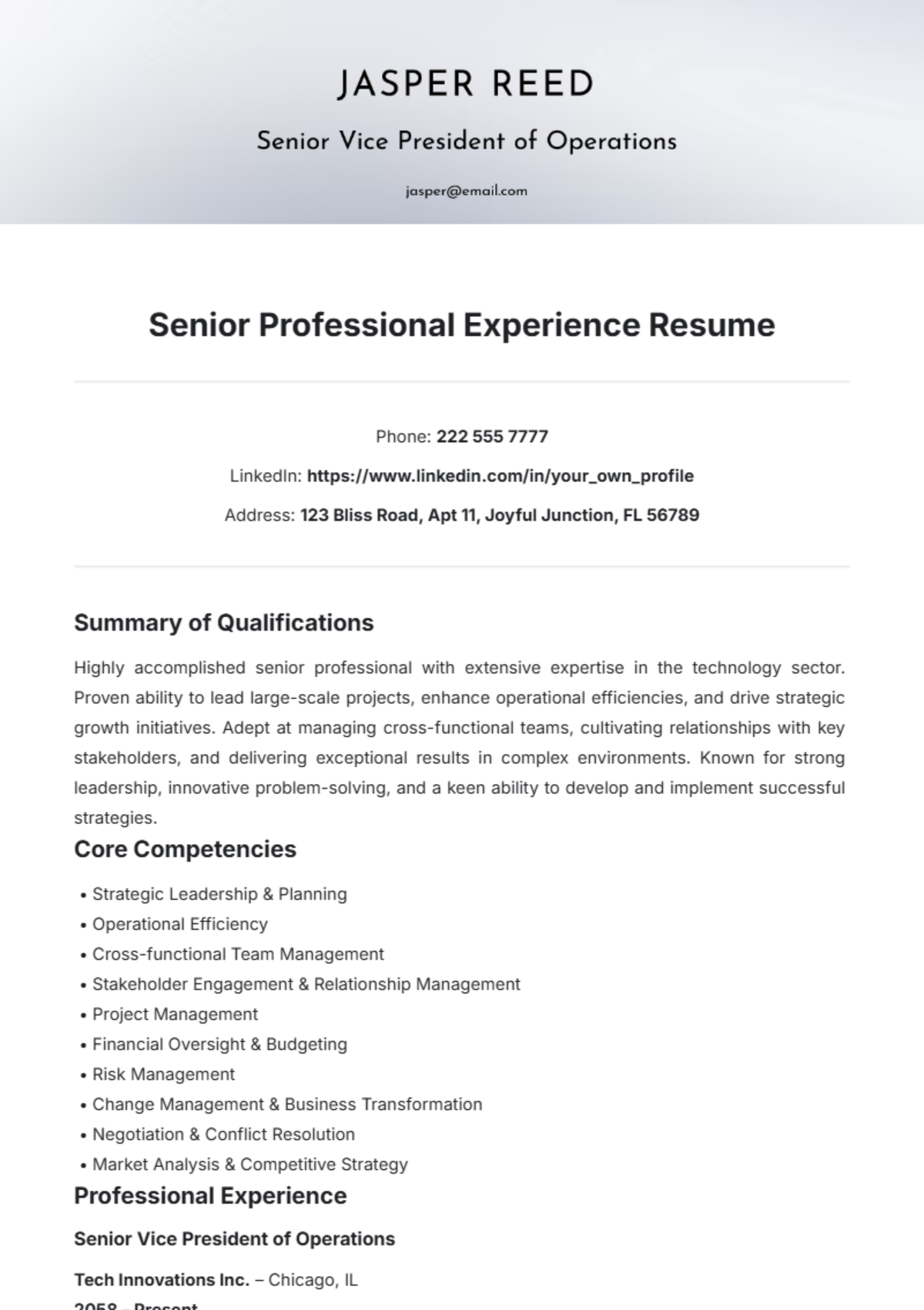 Senior Professional Experience Resume Template - Edit Online & Download