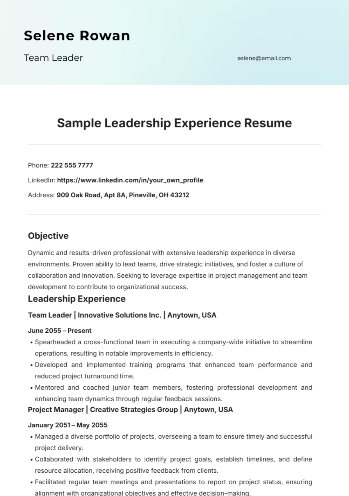 Sample Leadership Experience Resume Template - Edit Online & Download