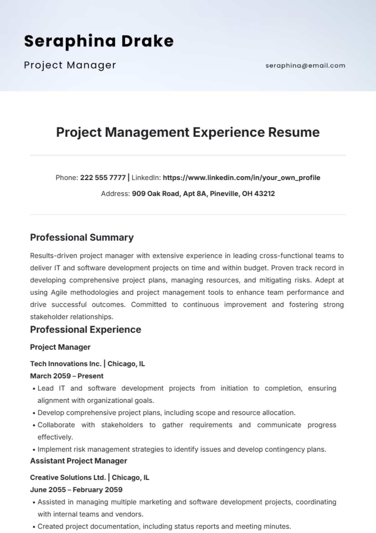 Project Management Experience Resume Template - Edit Online & Download