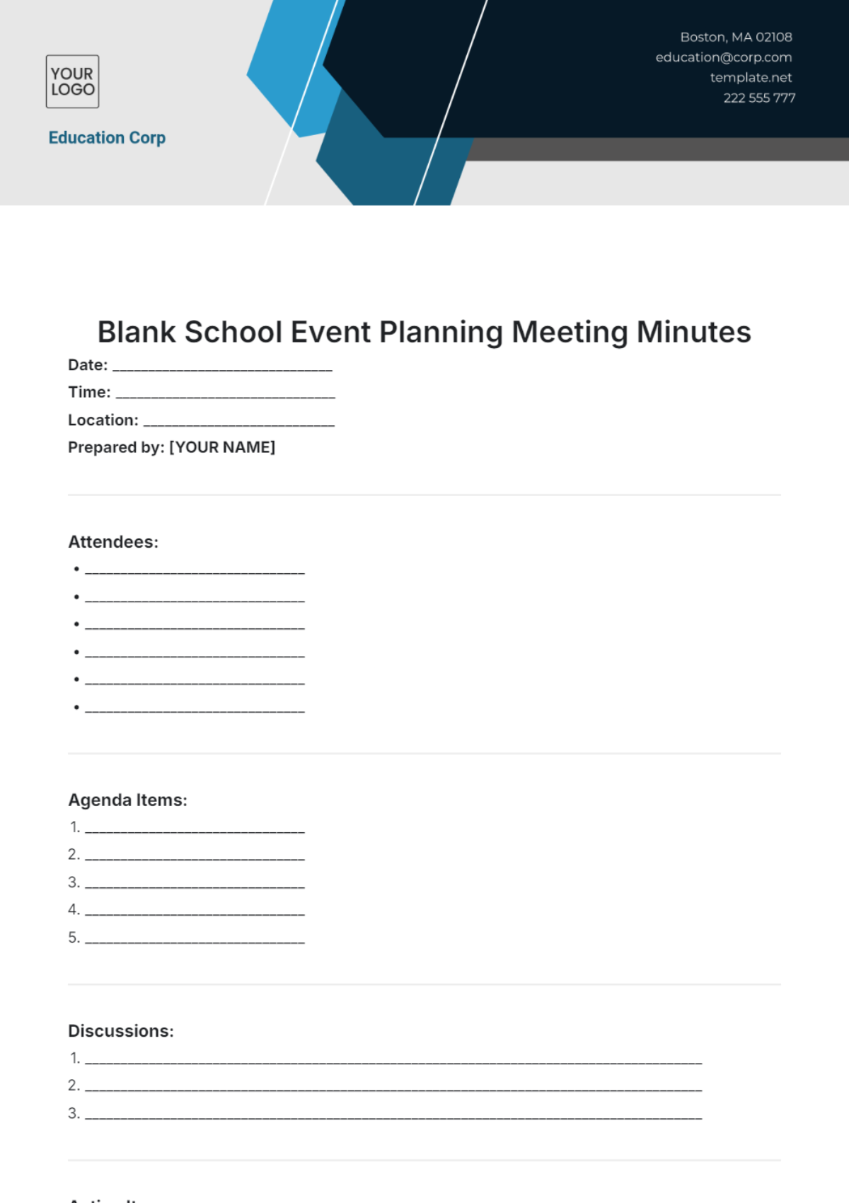 Blank School Event Planning Meeting Minutes Template