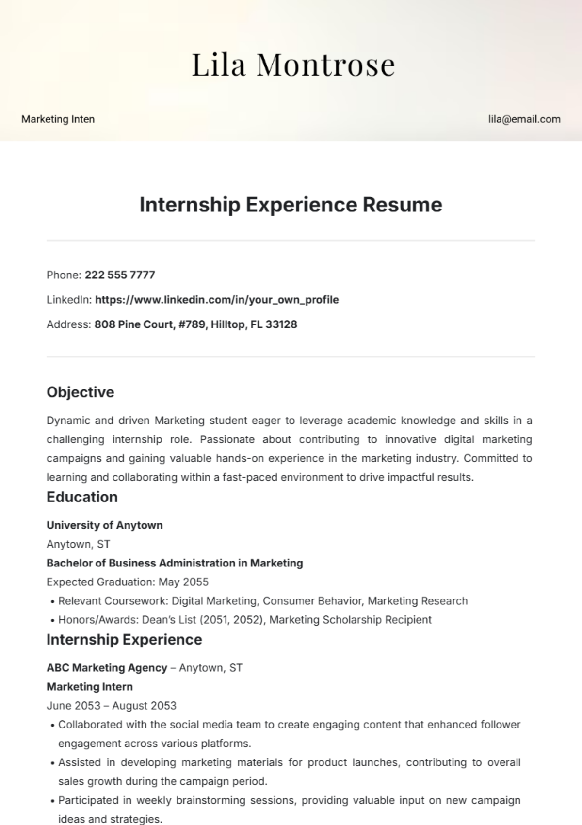 Internship Experience Resume Template - Edit Online & Download