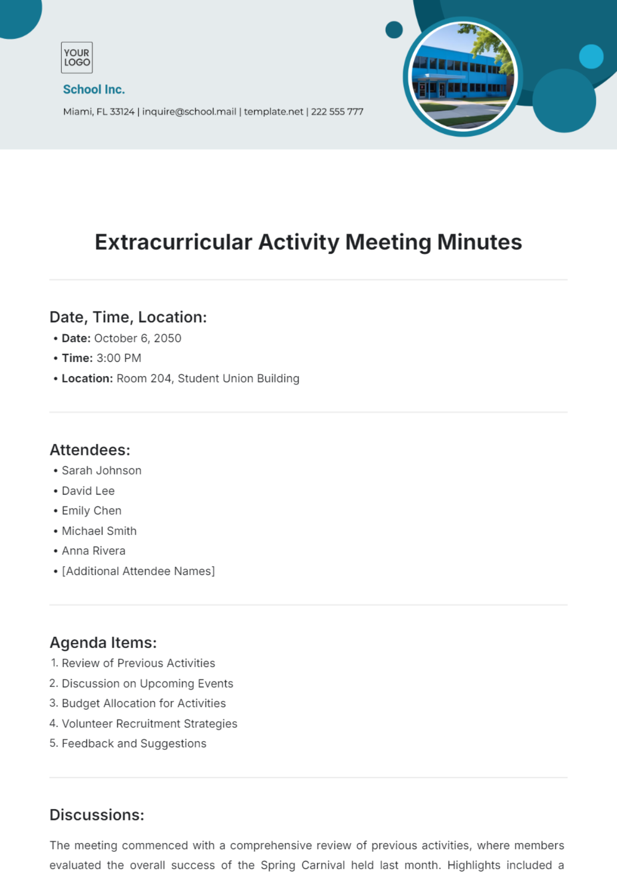 Extracurricular Activity Meeting Minutes Template