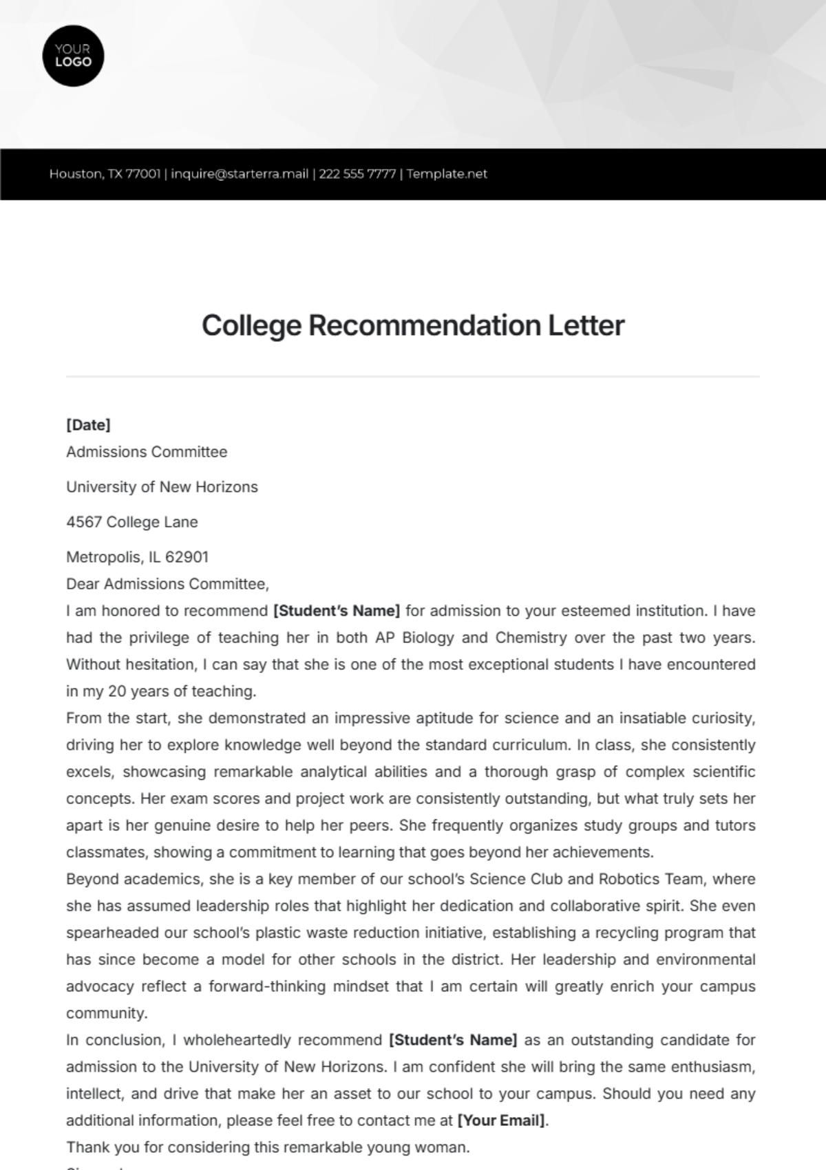 College Recommendation Letter Template - Edit Online & Download