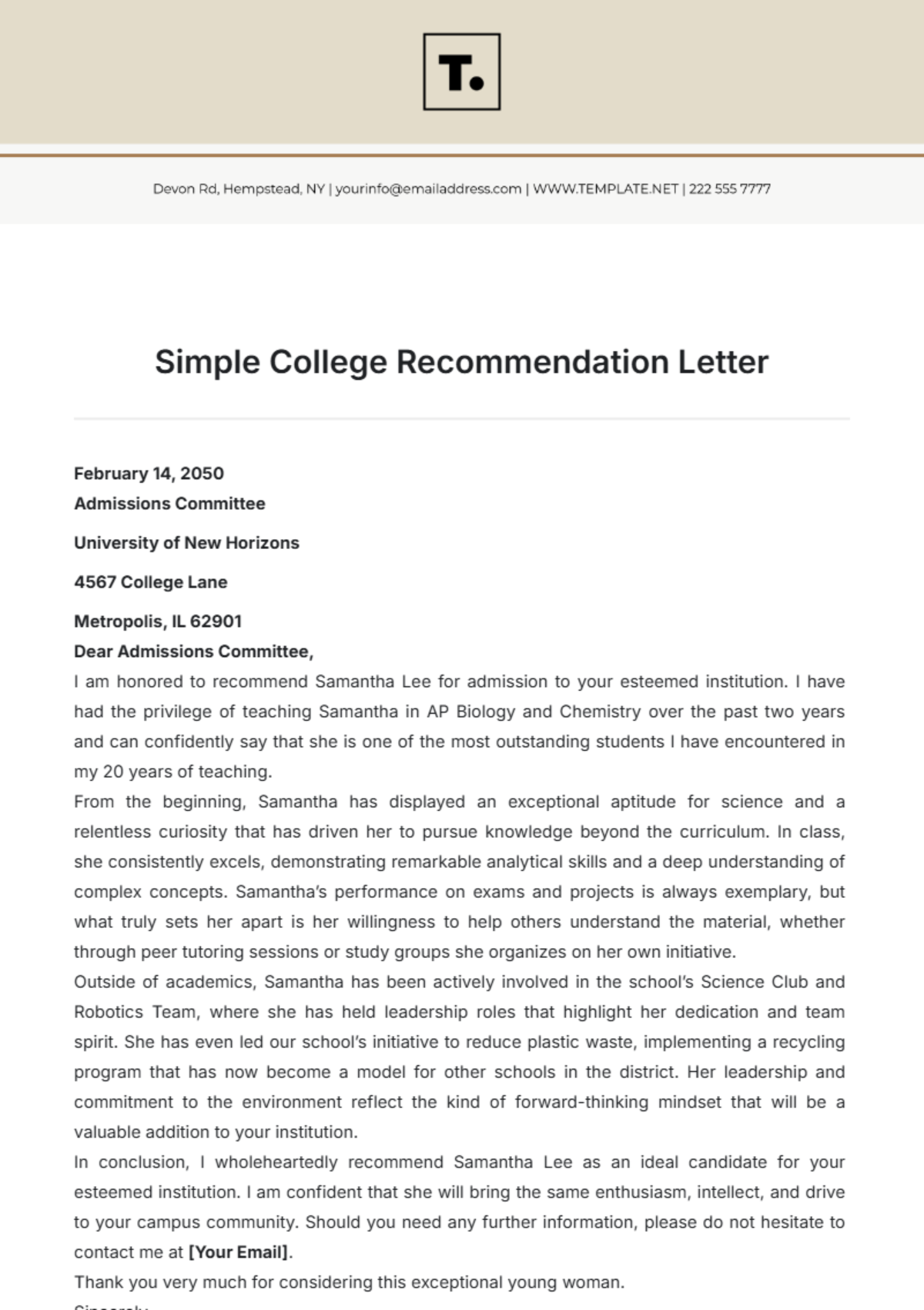 Simple College Recommendation Letter Template - Edit Online & Download