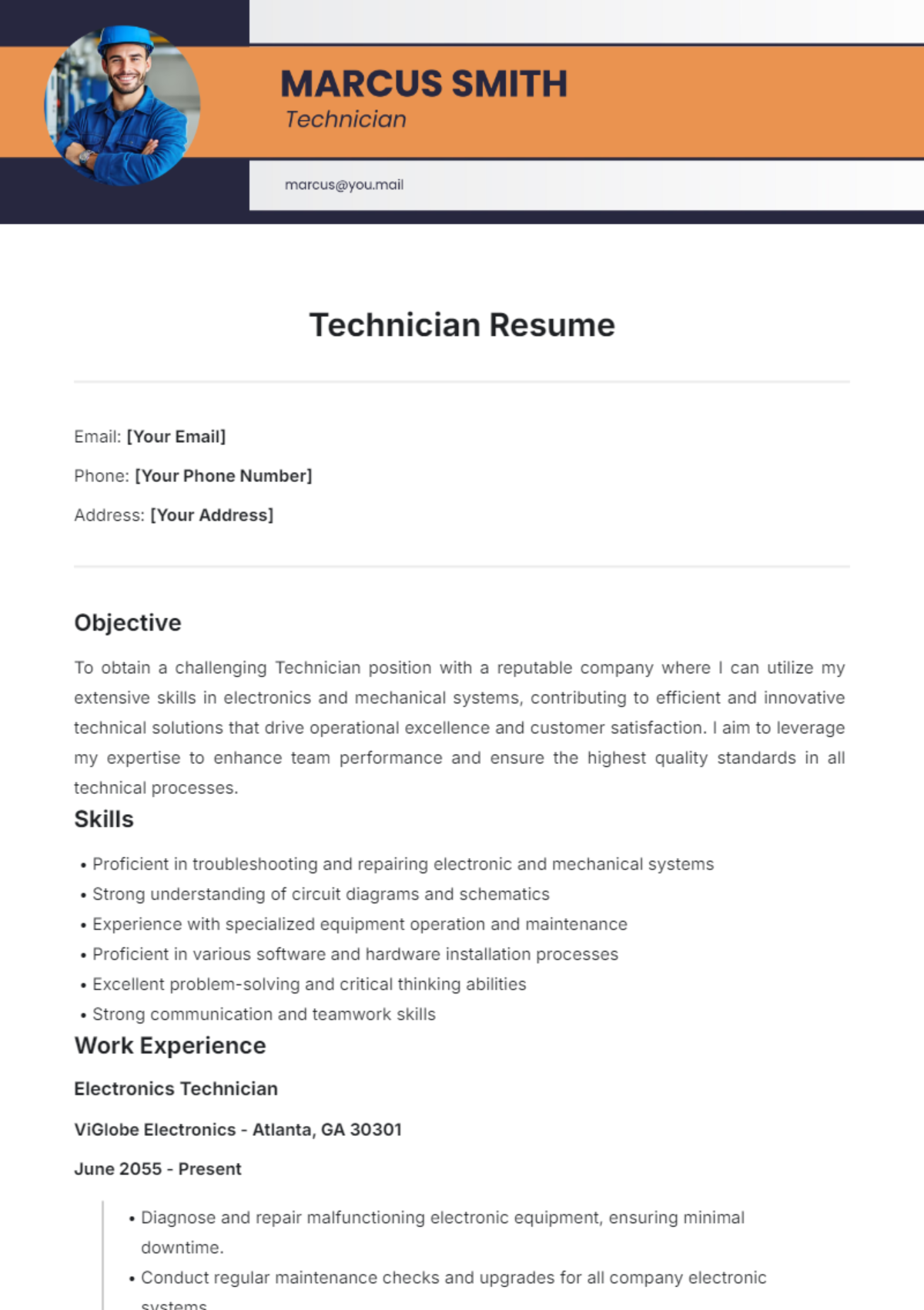 Technician Resume Template - Edit Online & Download