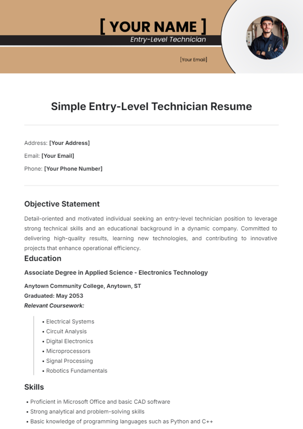 Simple Entry-Level Technician Resume Template - Edit Online & Download