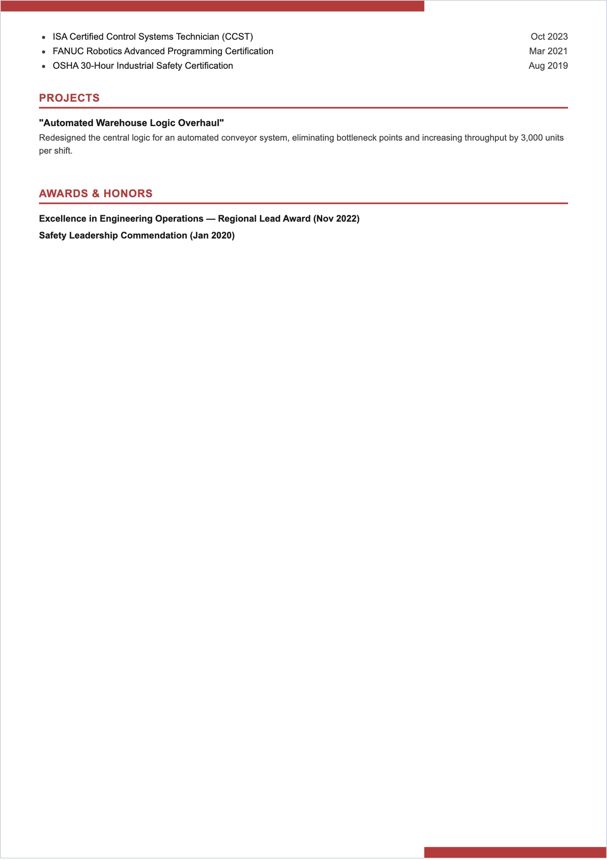 Free Sample Senior Technician ATS Resume Template, AI Resume Builder