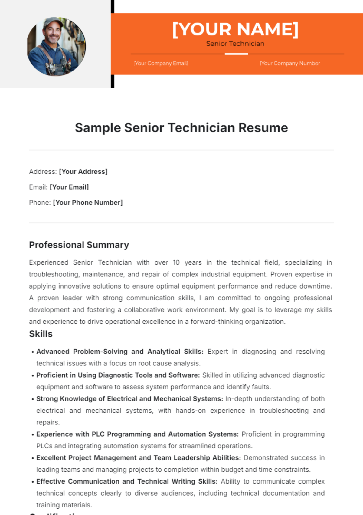 Sample Senior Technician Resume Template - Edit Online & Download