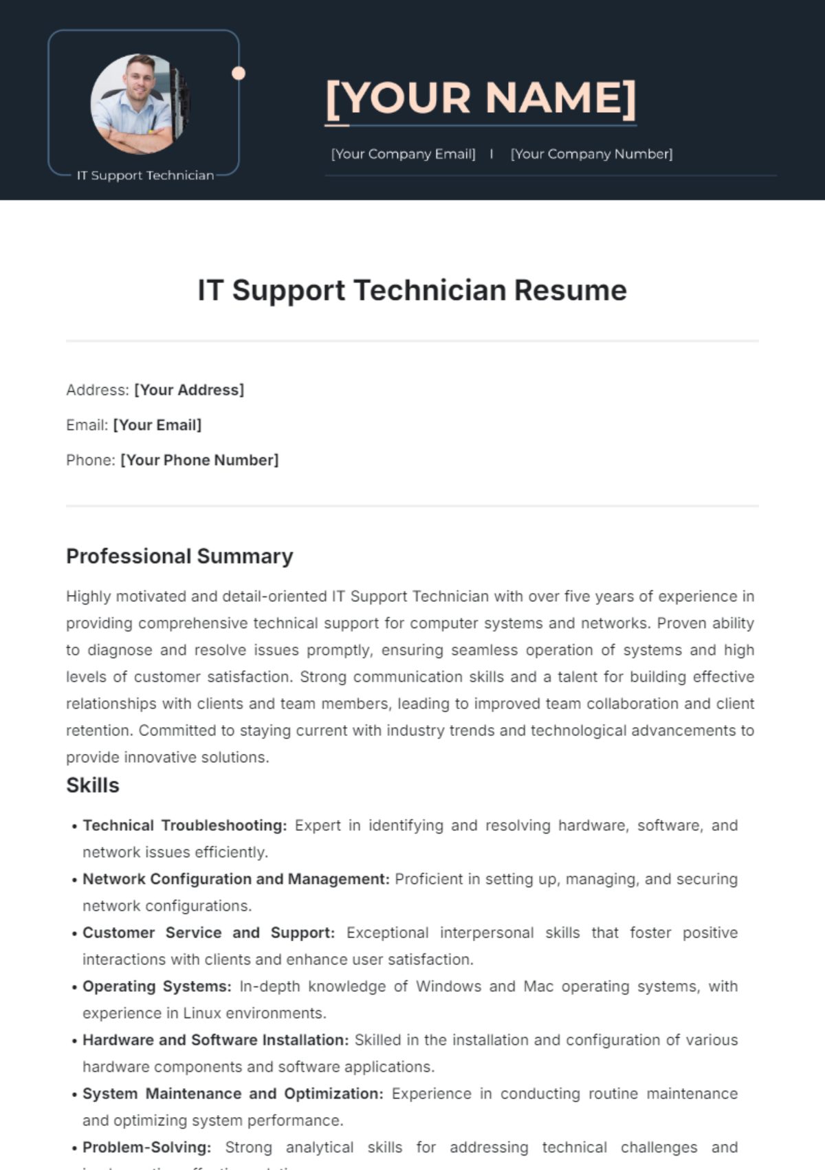 IT Support Technician Resume Template - Edit Online & Download