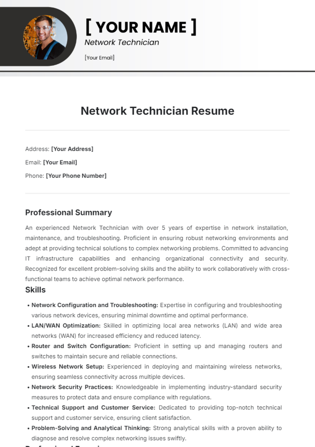 Network Technician Resume Template - Edit Online & Download