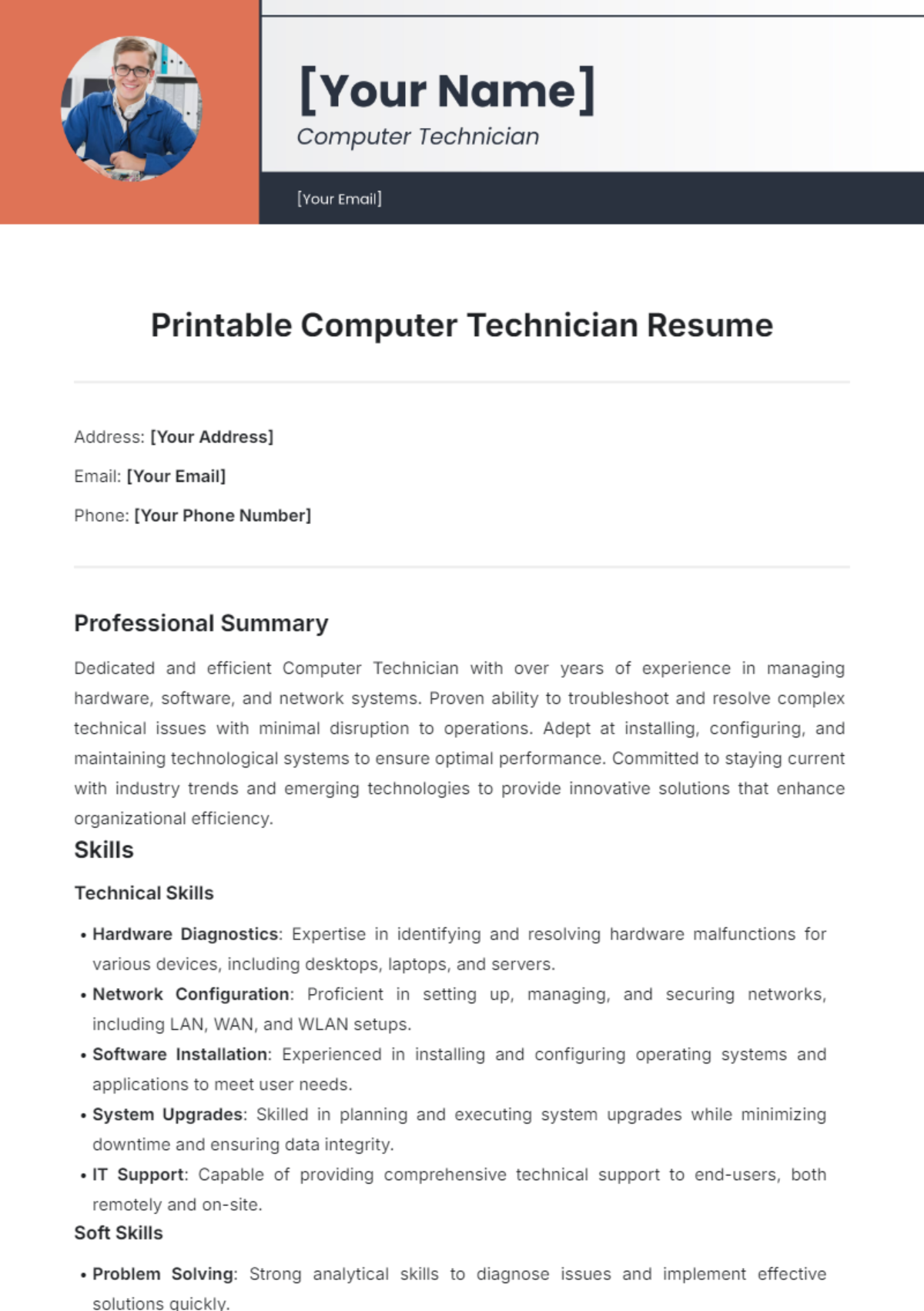 Printable Computer Technician Resume Template - Edit Online & Download