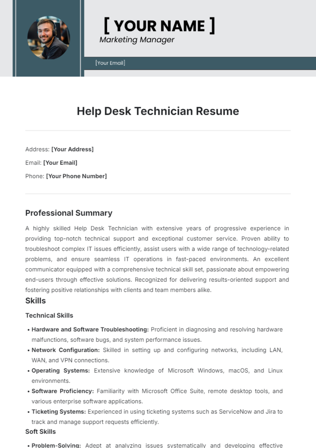 Help Desk Technician Resume Template - Edit Online & Download