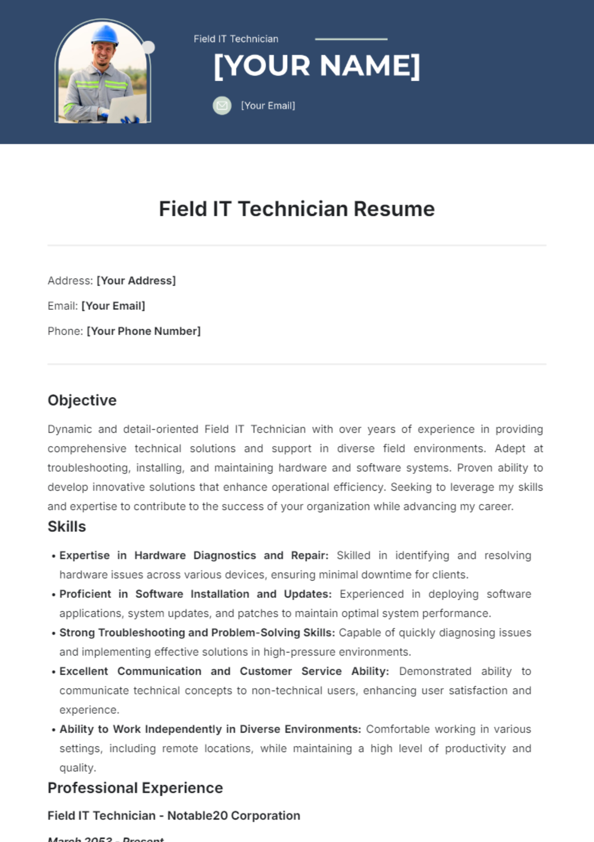 Field IT Technician Resume Template - Edit Online & Download