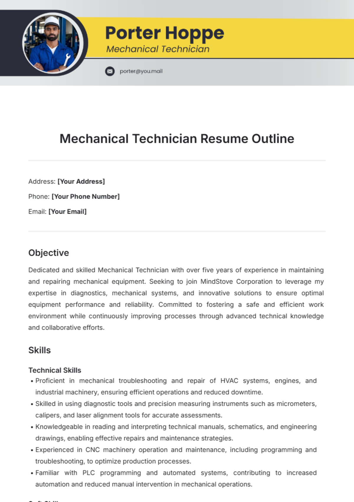 Mechanical Technician Resume Outline Template - Edit Online & Download