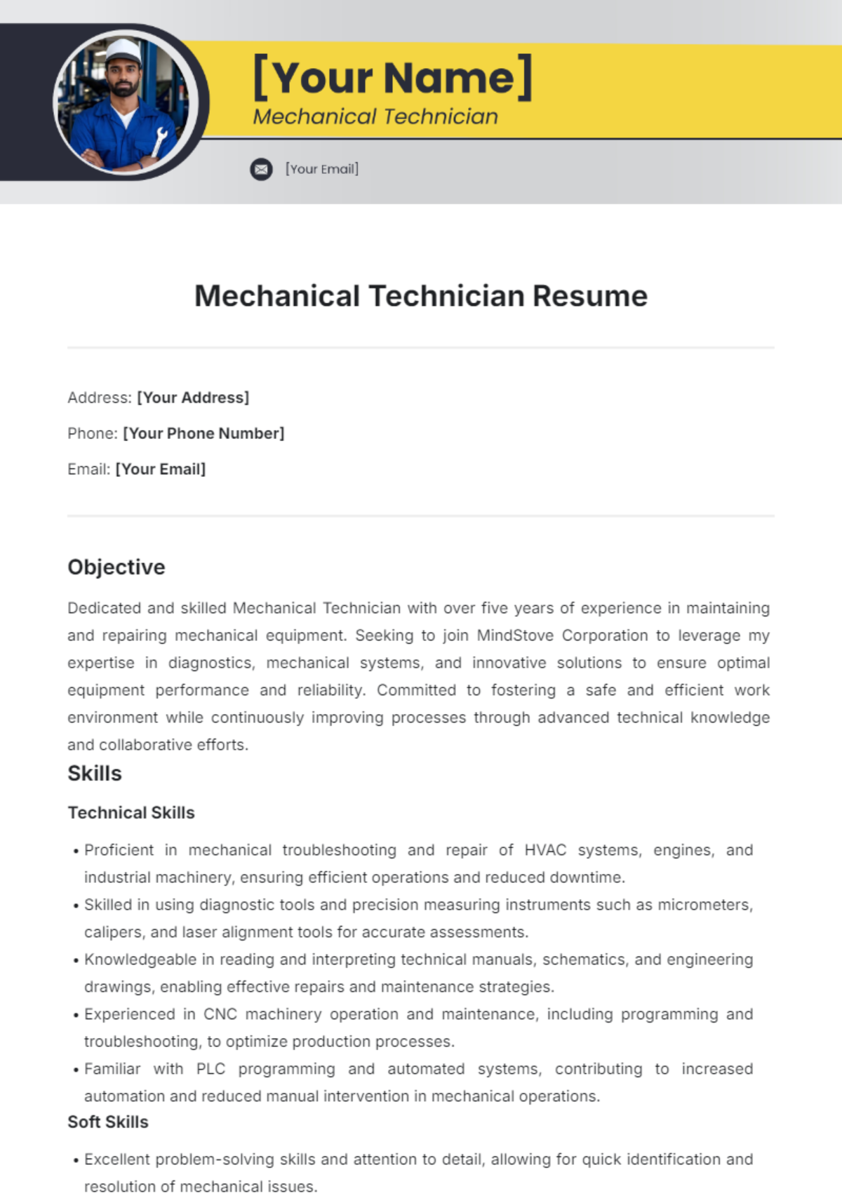 Mechanical Technician Resume Template - Edit Online & Download