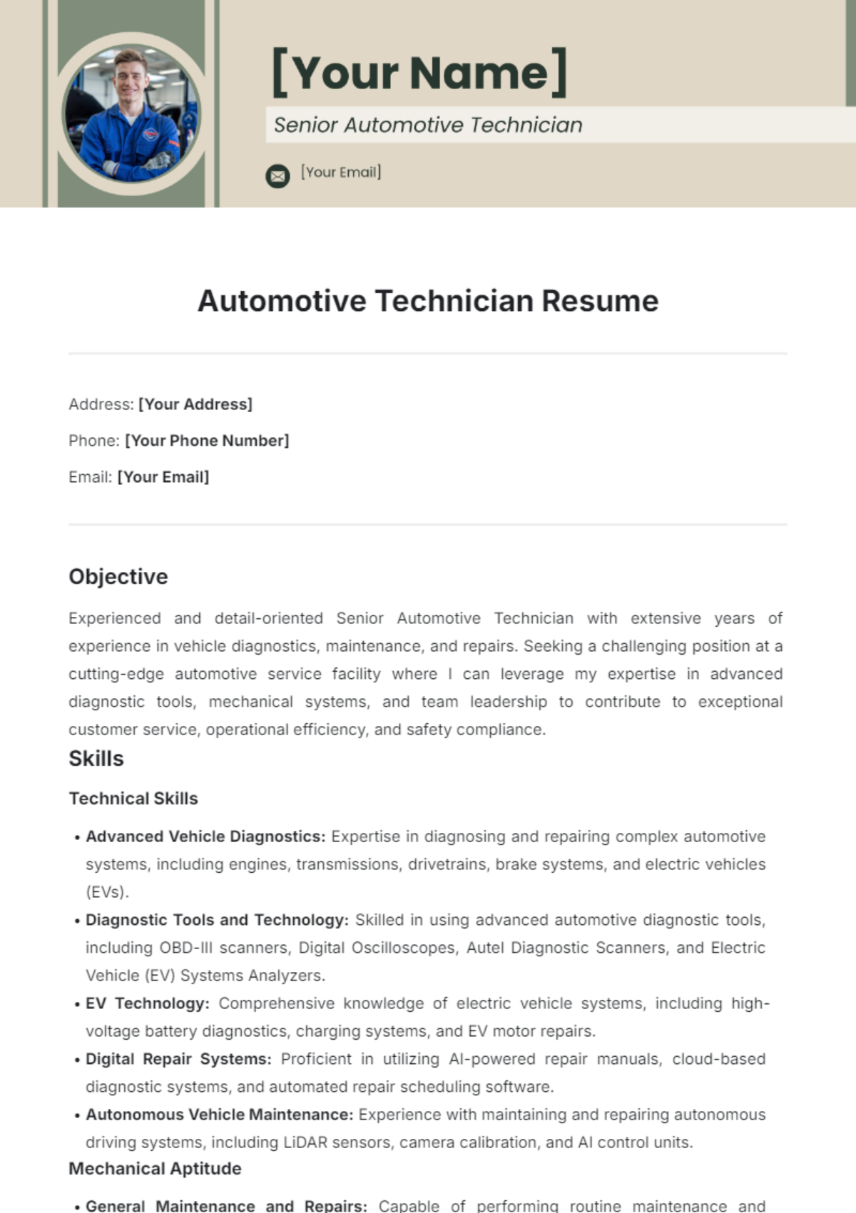 Automotive Technician Resume Template - Edit Online & Download