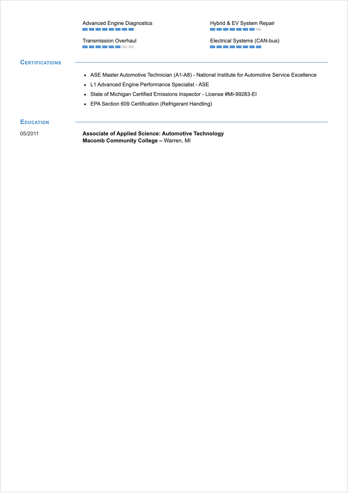 Free Automotive Technician ATS Resume Template, AI Resume Builder