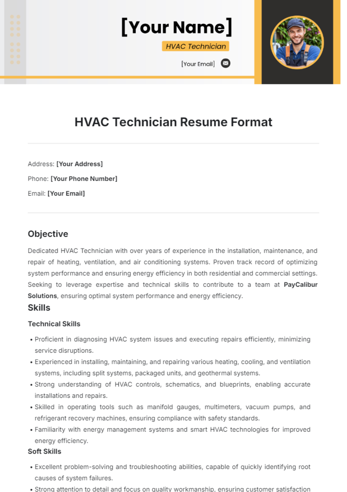 HVAC Technician Resume Format Template - Edit Online & Download