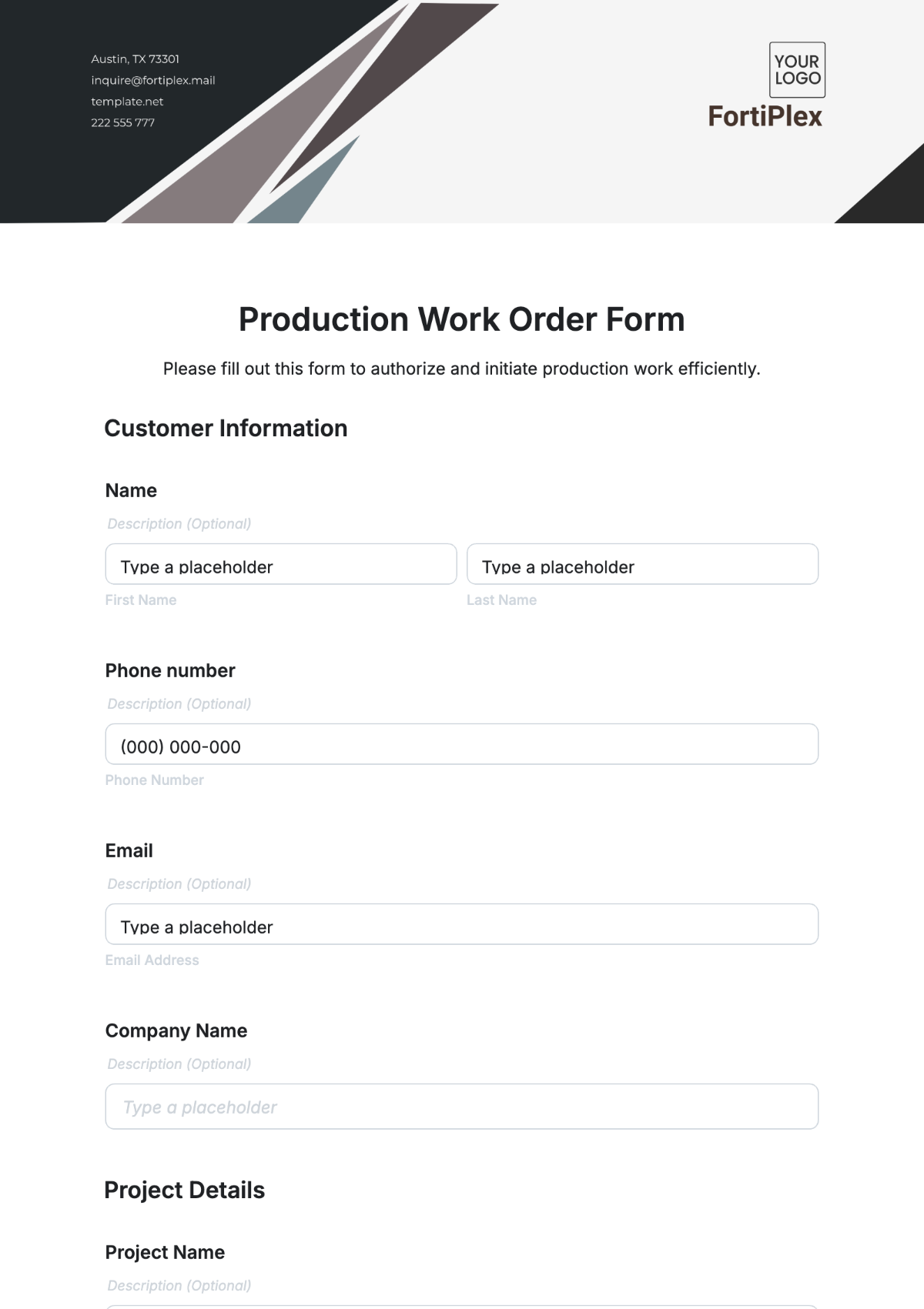 Free Production Work Order Form Template