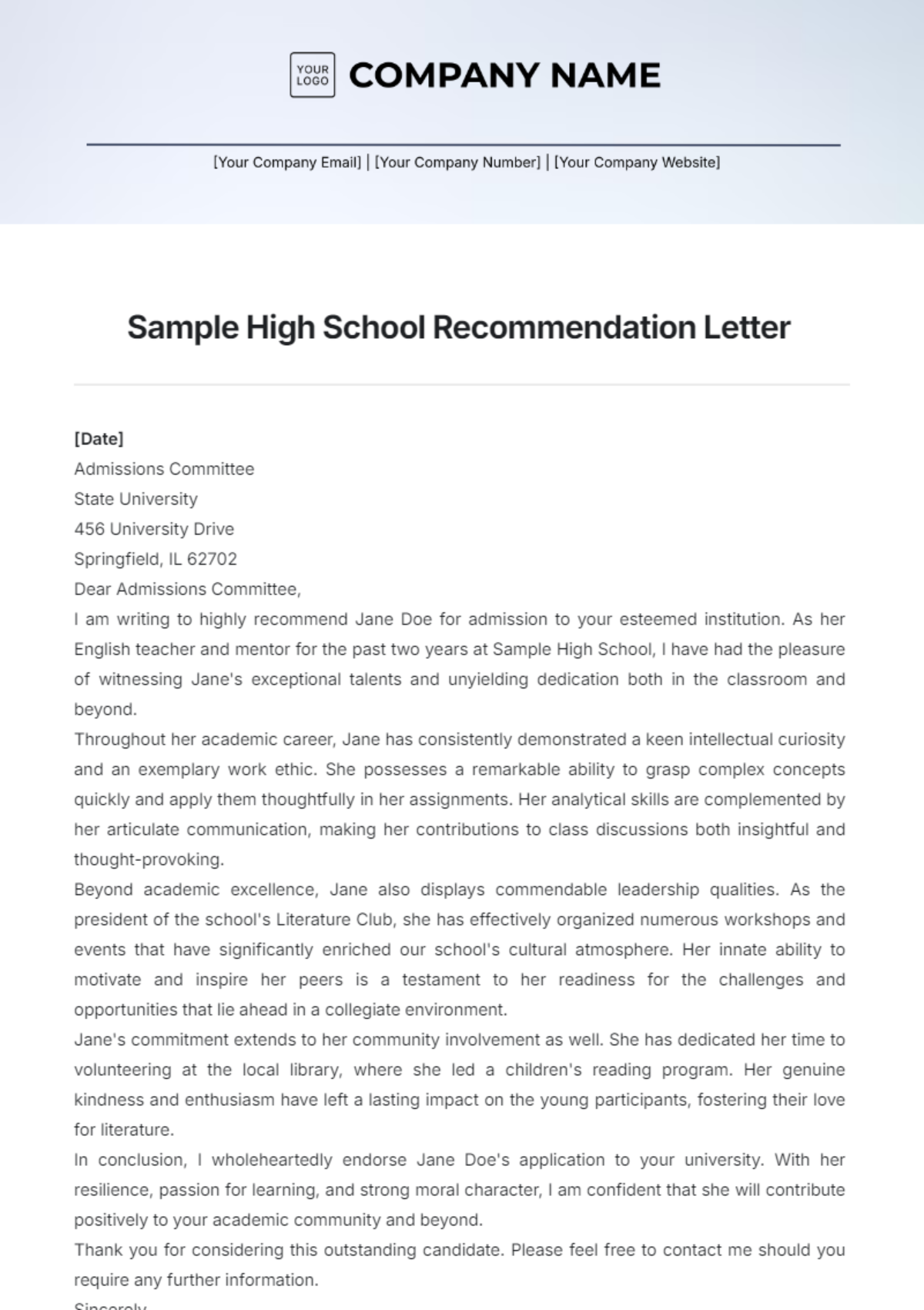 Sample High School Recommendation Letter Template - Edit Online & Download