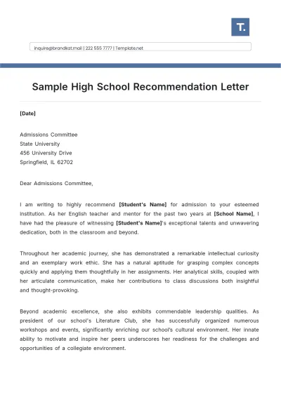Free Sample High School Recommendation Letter Template to Edit Online